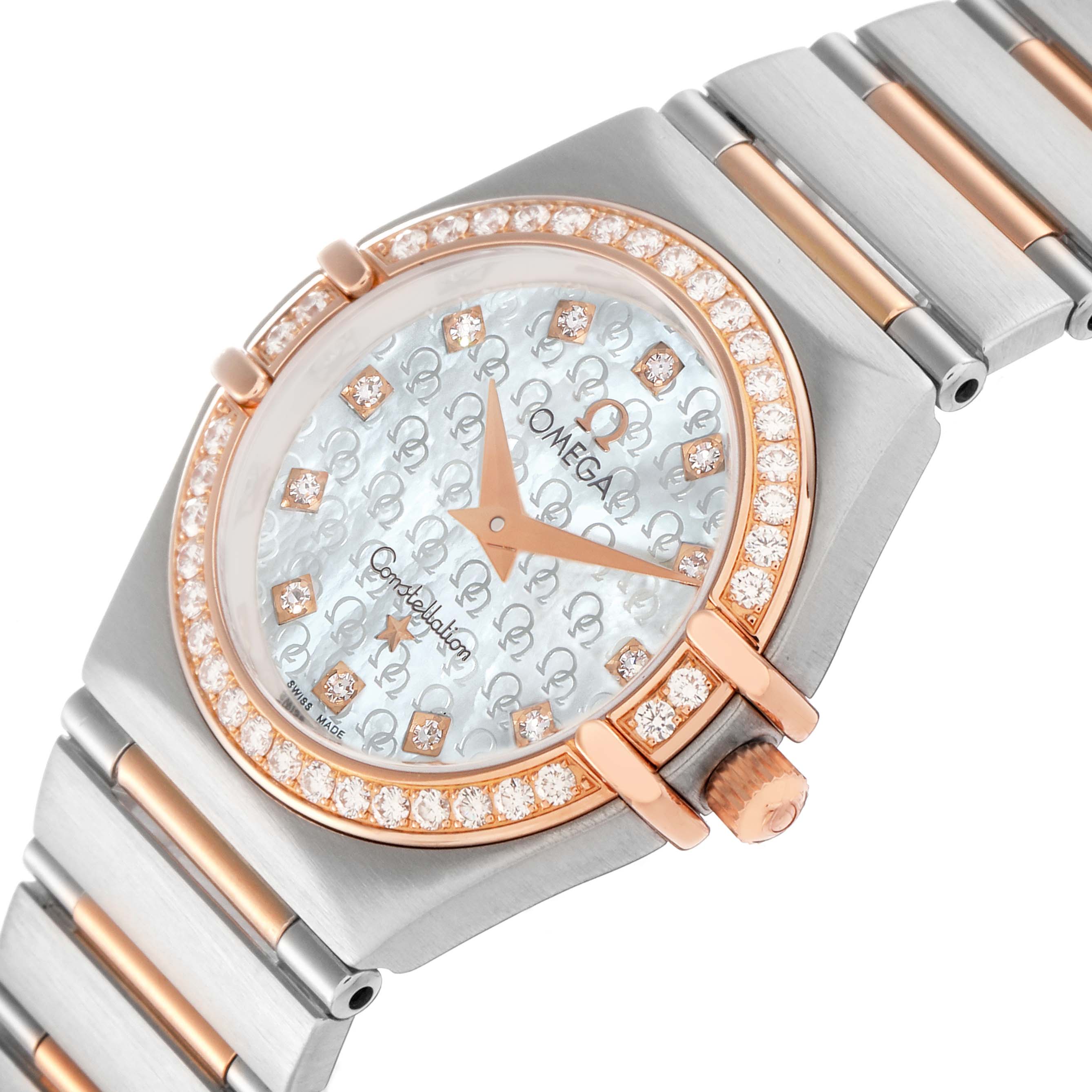 The Omega 13660.75.00 Women
s Steel and Gold (two tone) Mother of Pearl Dial Constellation My Choice Steel Rose Gold Diamond Watch is shown at an angle highlighting its face, bezel, and bracelet.