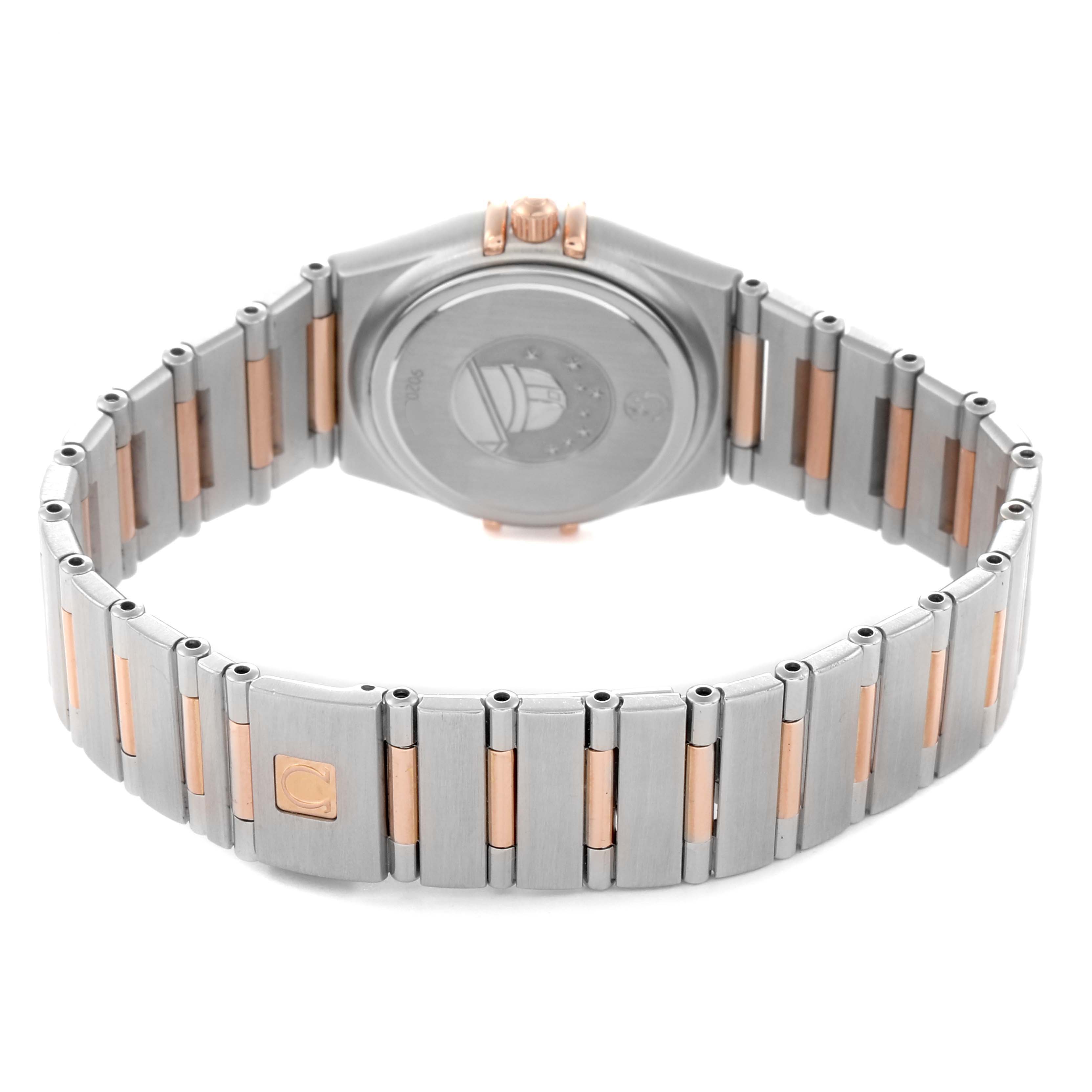 The Omega 13660.75.00 Women
s Steel and Gold (two tone) Mother of Pearl Dial Constellation My Choice 1360.75.00 is shown from the back, highlighting its stainless steel and rose gold bracelet.