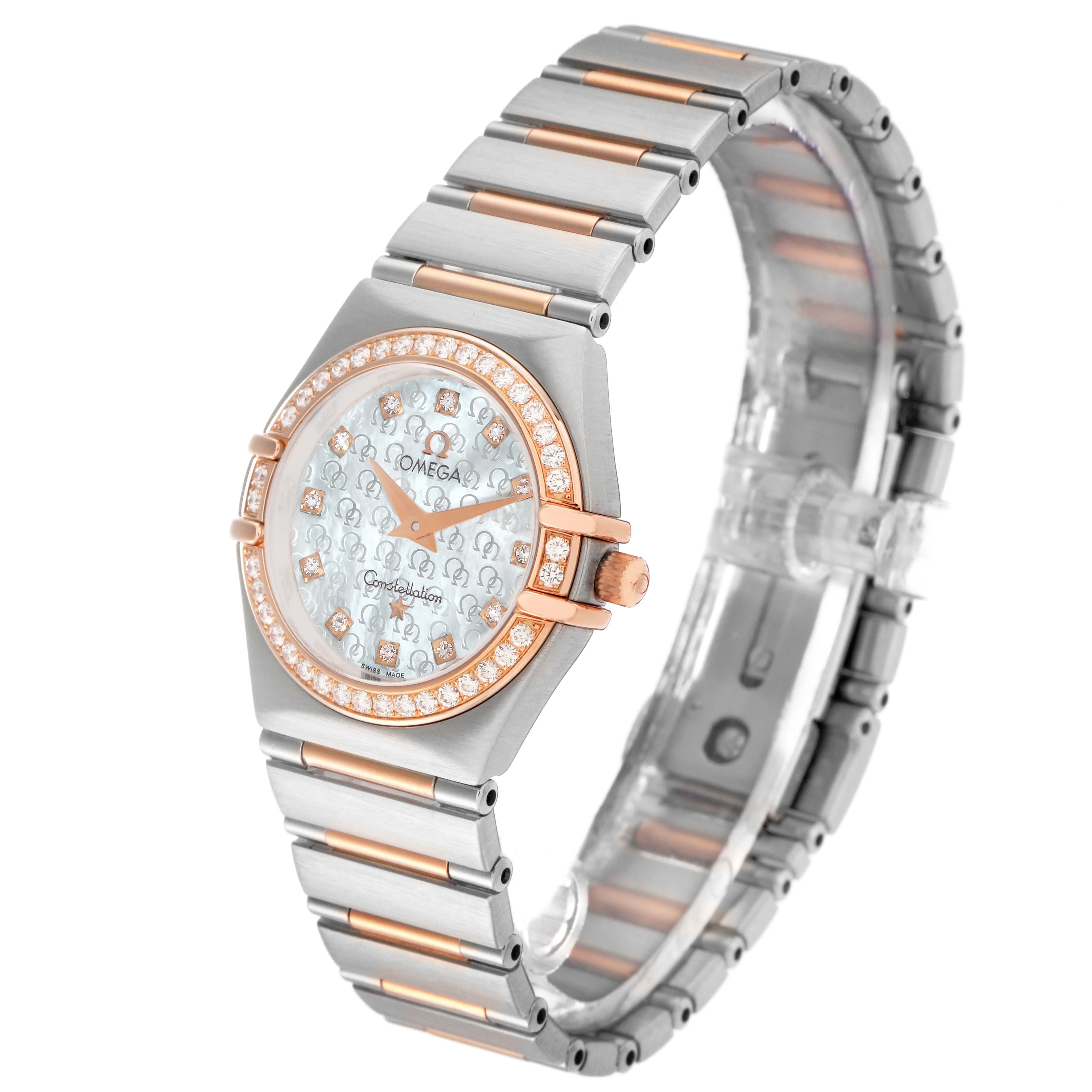 The Omega 13660.75.00 Women
s Steel and Gold (two tone) Mother of Pearl Dial Constellation My Choice watch is shown at a slight angle, highlighting the face, bezel, and bracelet.