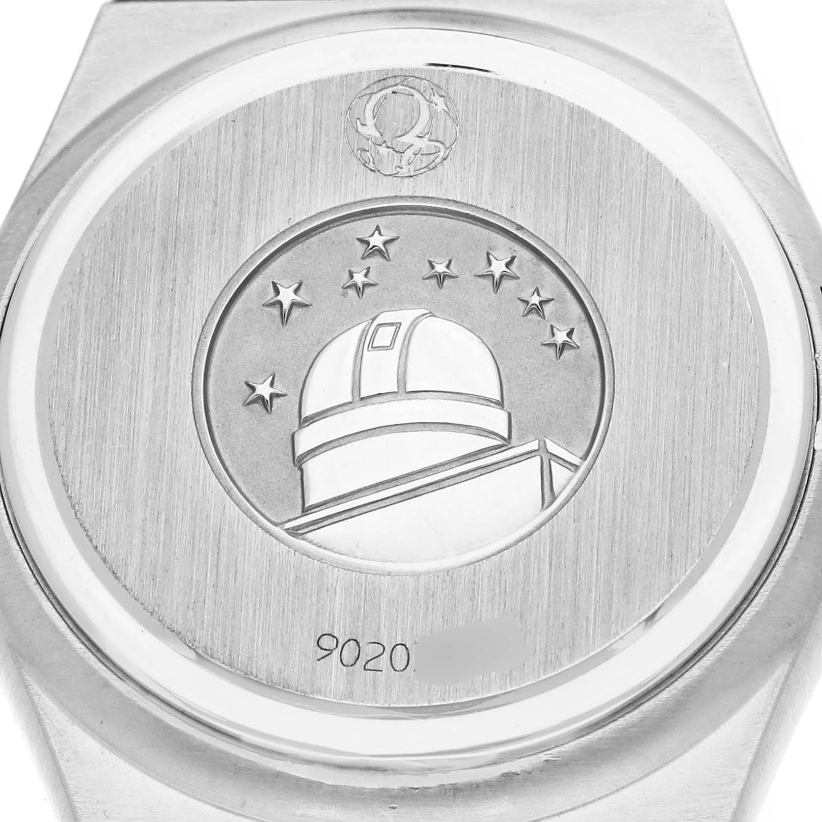 The image shows the back case of an Omega 13660.75.00 Women
s Steel and Gold (two tone) Mother of Pearl Dial Constellation My Choice 1360.75.00 watch, featuring an observatory engraving.