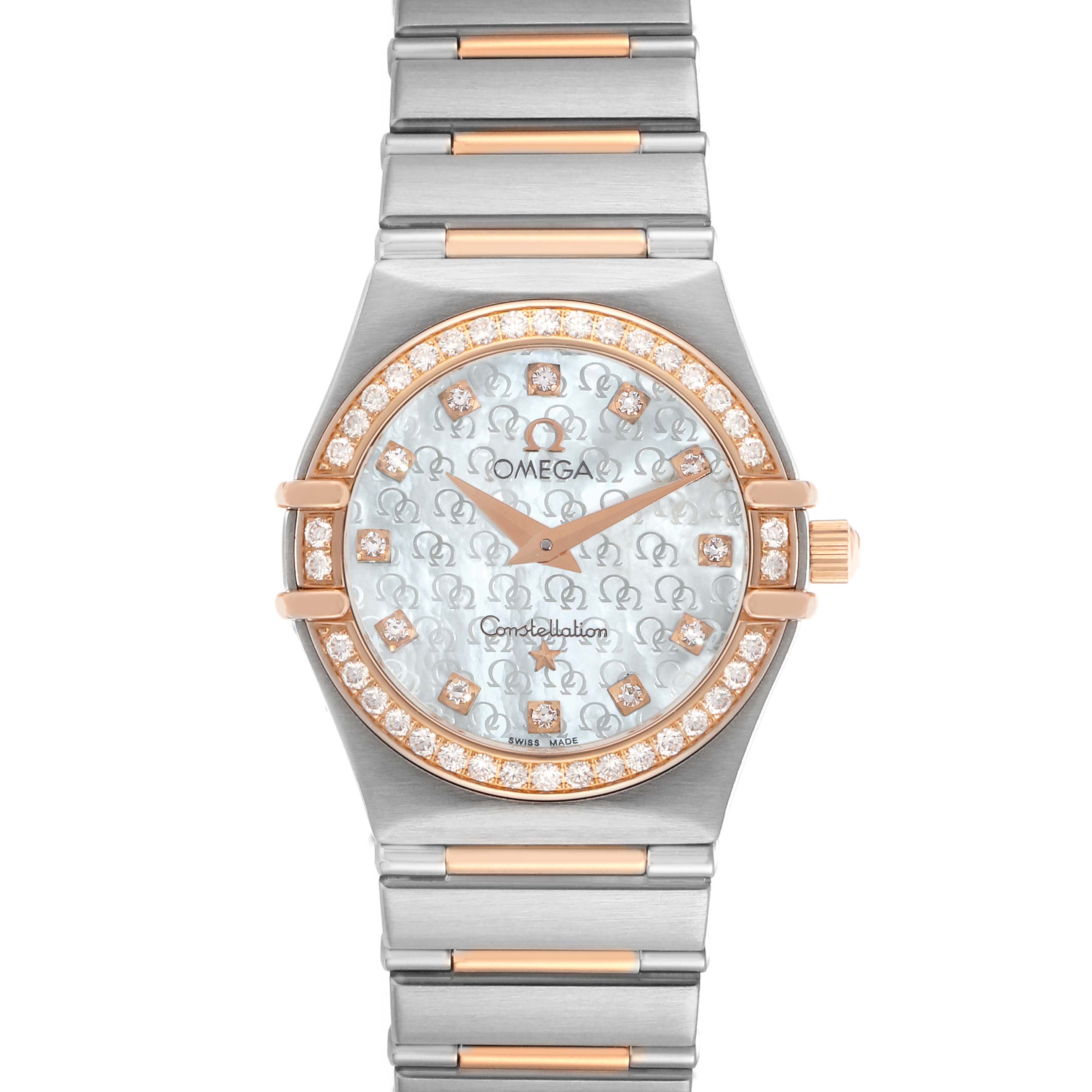 The Omega 13660.75.00 Women
s Steel and Gold (two tone) Mother of Pearl Dial Constellation My Choice 1360.75.00 is shown from the front, highlighting its rose gold accents and diamond-set bezel.