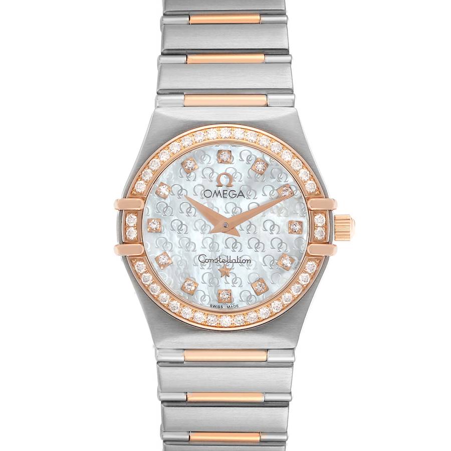 The Omega 13660.75.00 Women's Steel and Gold (two tone) Mother of Pearl Dial Constellation My Choice 1360.75.00 is shown from the front, highlighting its rose gold accents and diamond-set bezel.