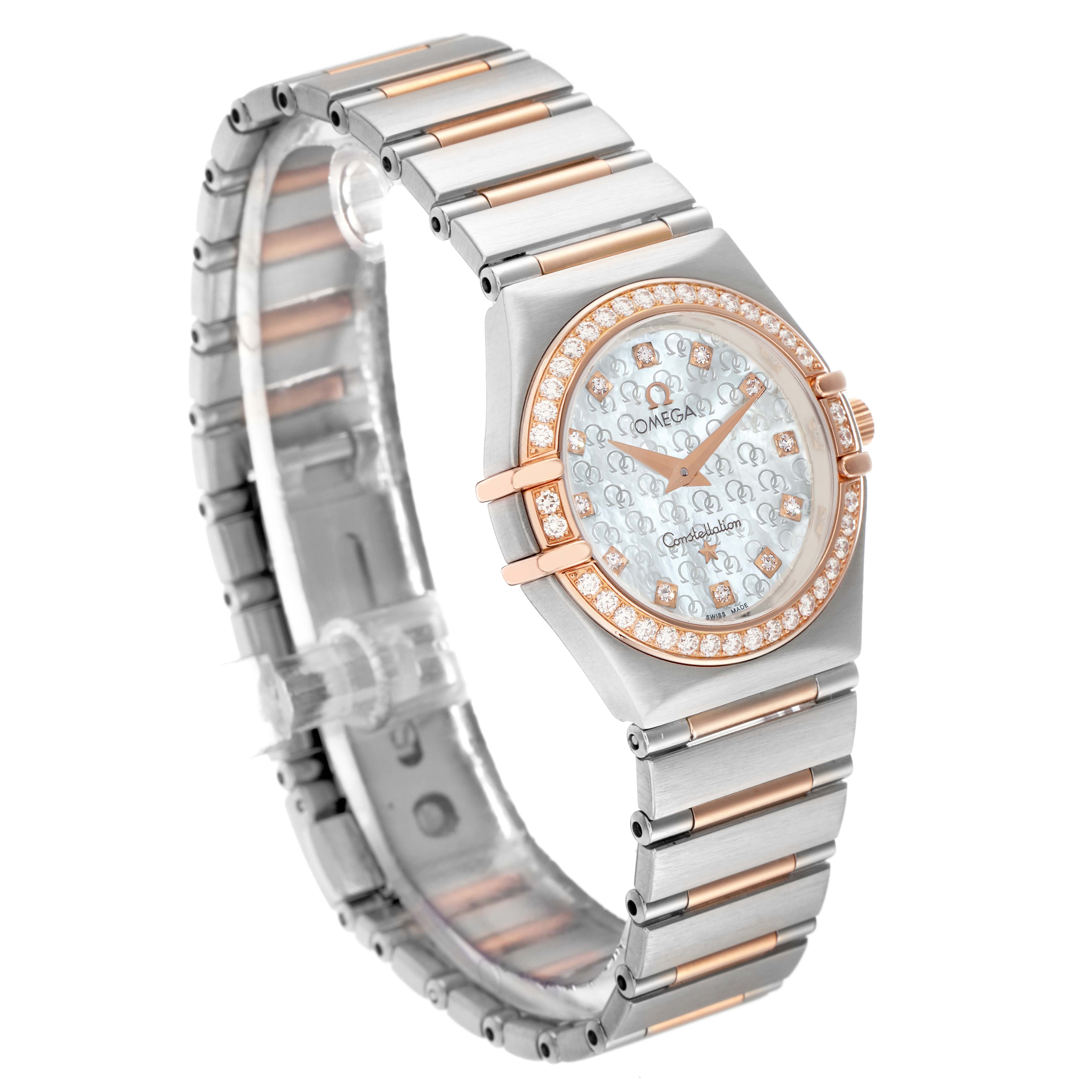 The Omega 13660.75.00 Women
s Steel and Gold (two tone) Mother of Pearl Dial Constellation My Choice 1360.75.00 watch is shown at a slight angle, revealing the face, bezel, and part of the bracelet.