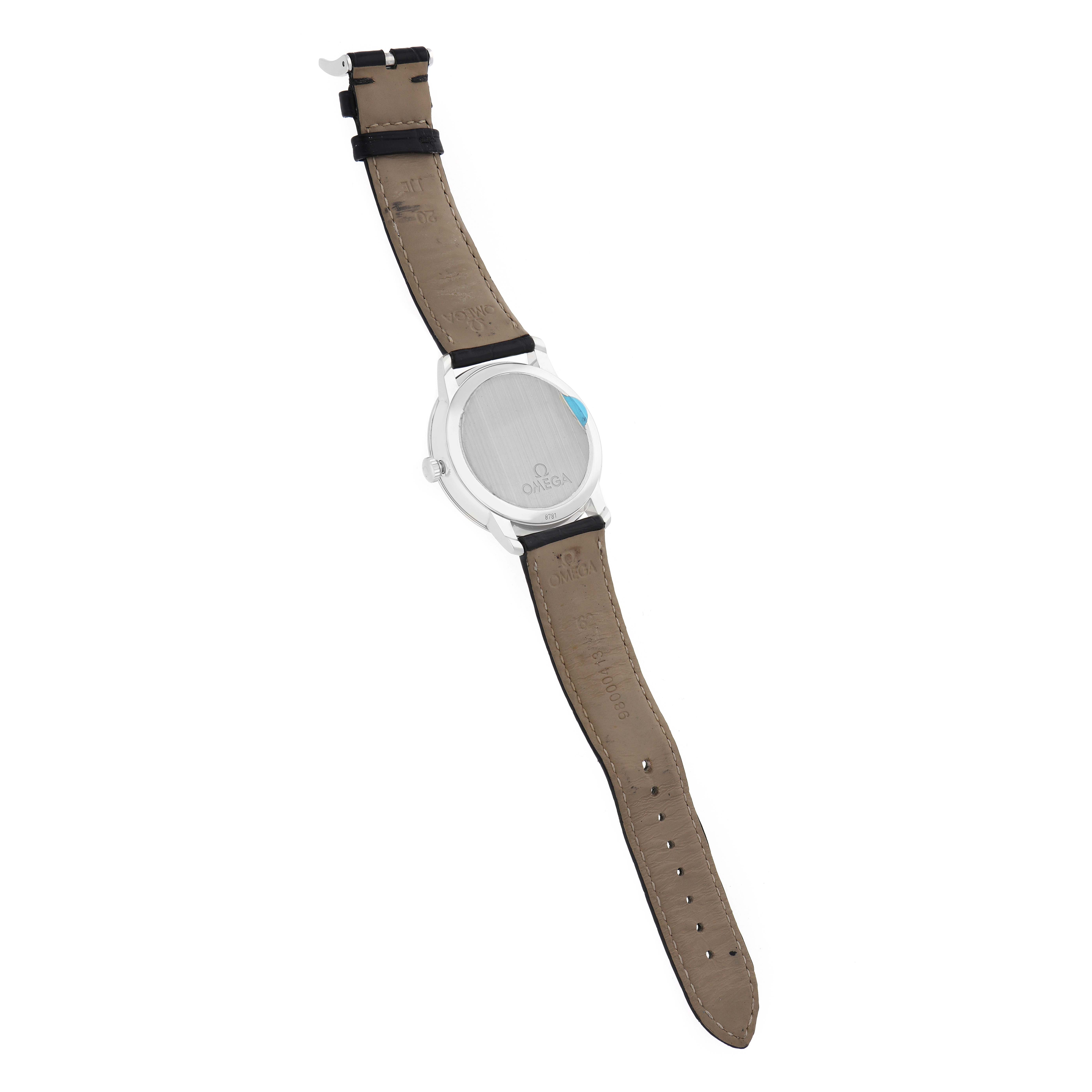 The image shows the back view of an Omega De Ville 424.13.40.20.01.001 Men
s Stainless Steel Black Dial watch, highlighting the case back and the leather strap.