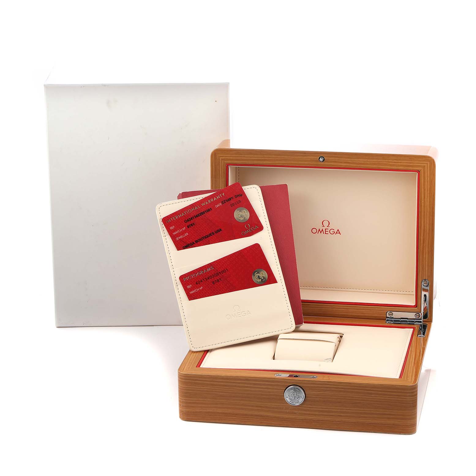 The image shows an Omega De Ville 424.13.40.20.01.001 Men
s Stainless Steel Black Dial watch box from the front, with warranty cards displayed and the inner cushion visible.