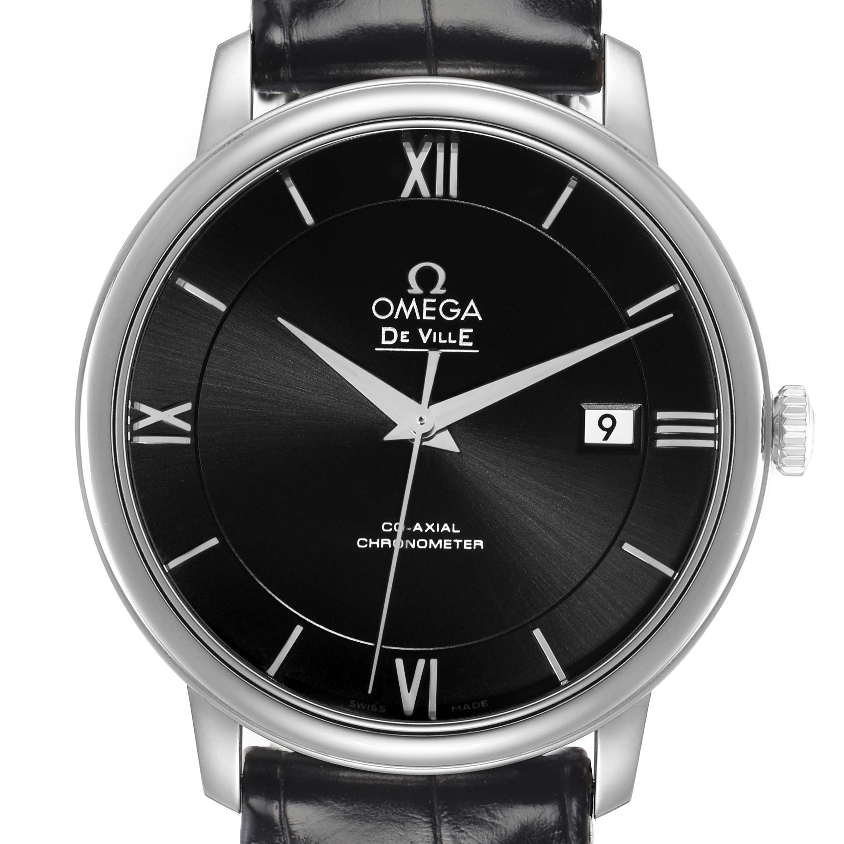 The Omega De Ville 424.13.40.20.01.001 Men
s Stainless Steel Black Dial watch is shown from the front, highlighting the dial, Roman numerals, date window, and crown.