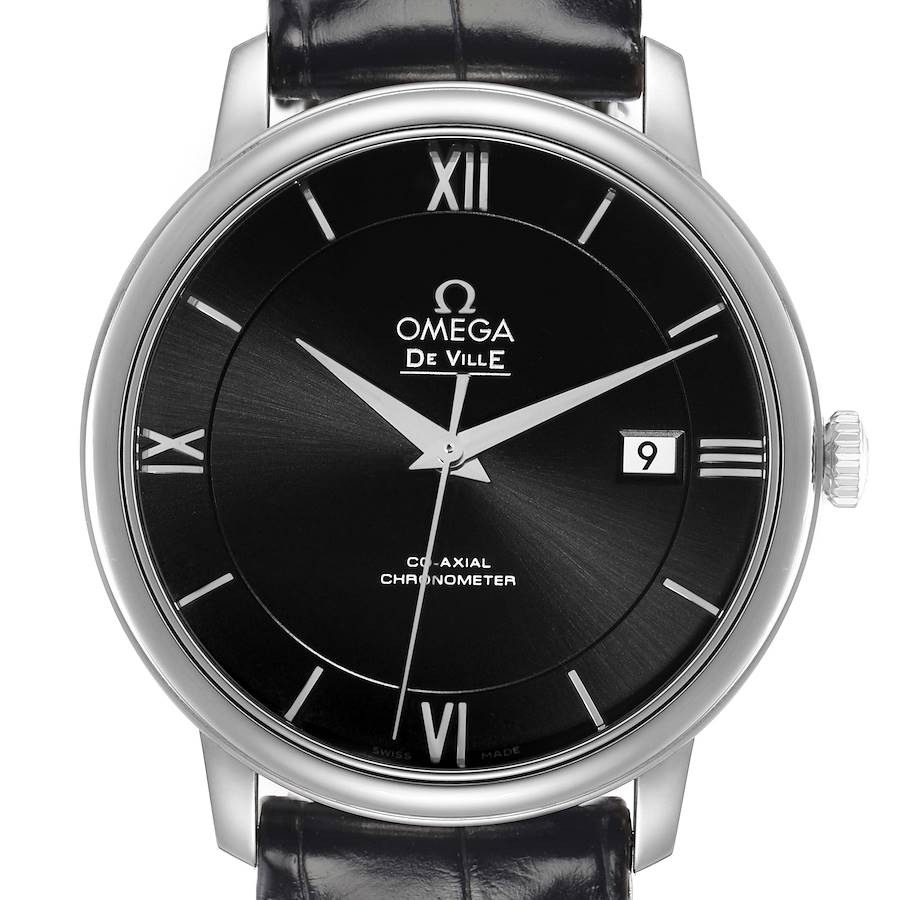 The Omega De Ville 424.13.40.20.01.001 Men's Stainless Steel Black Dial watch is shown from the front, highlighting the dial, Roman numerals, date window, and crown.