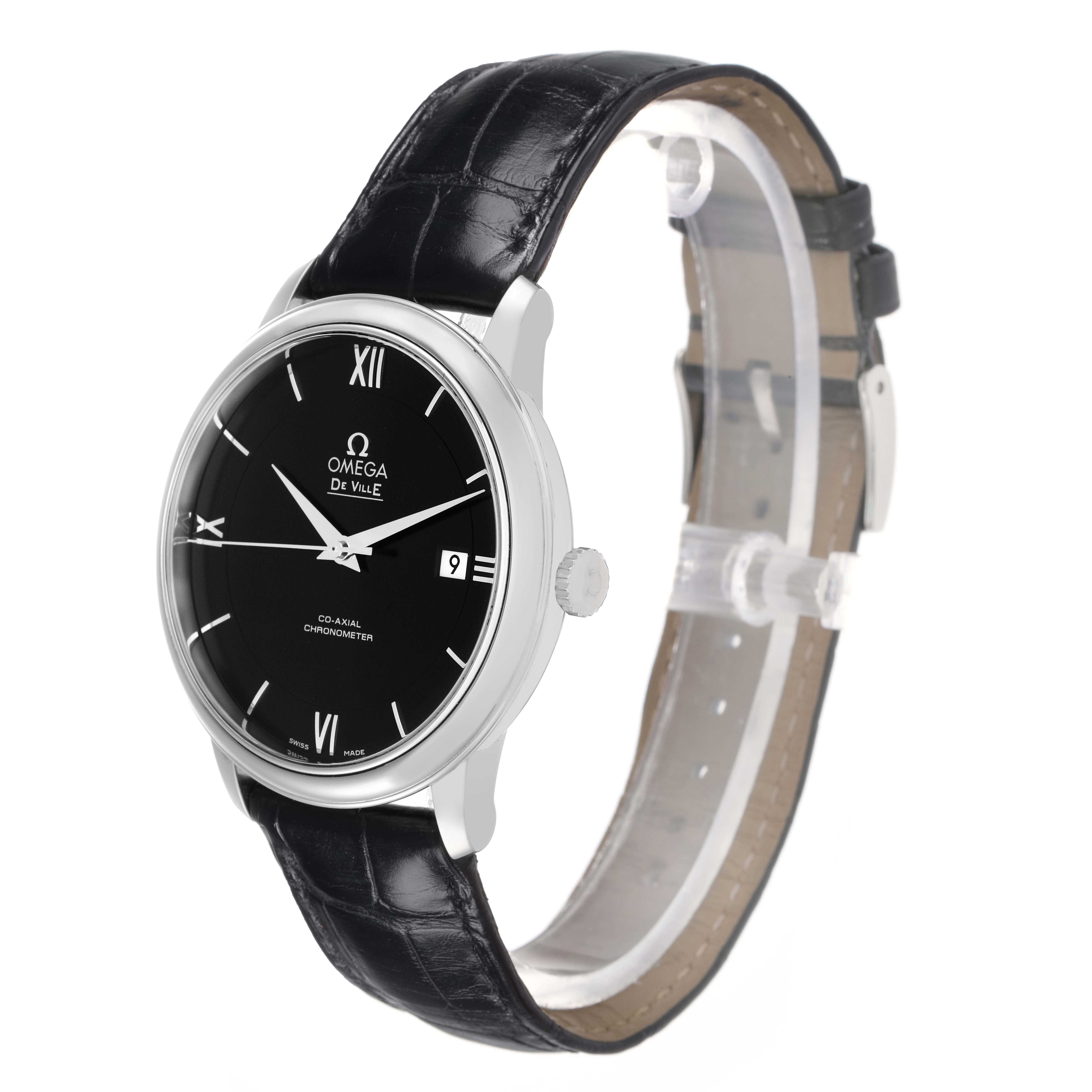 The Omega De Ville 424.13.40.20.01.001 Men
s Stainless Steel Black Dial watch is shown at a three-quarter angle, displaying the face, band, and crown.