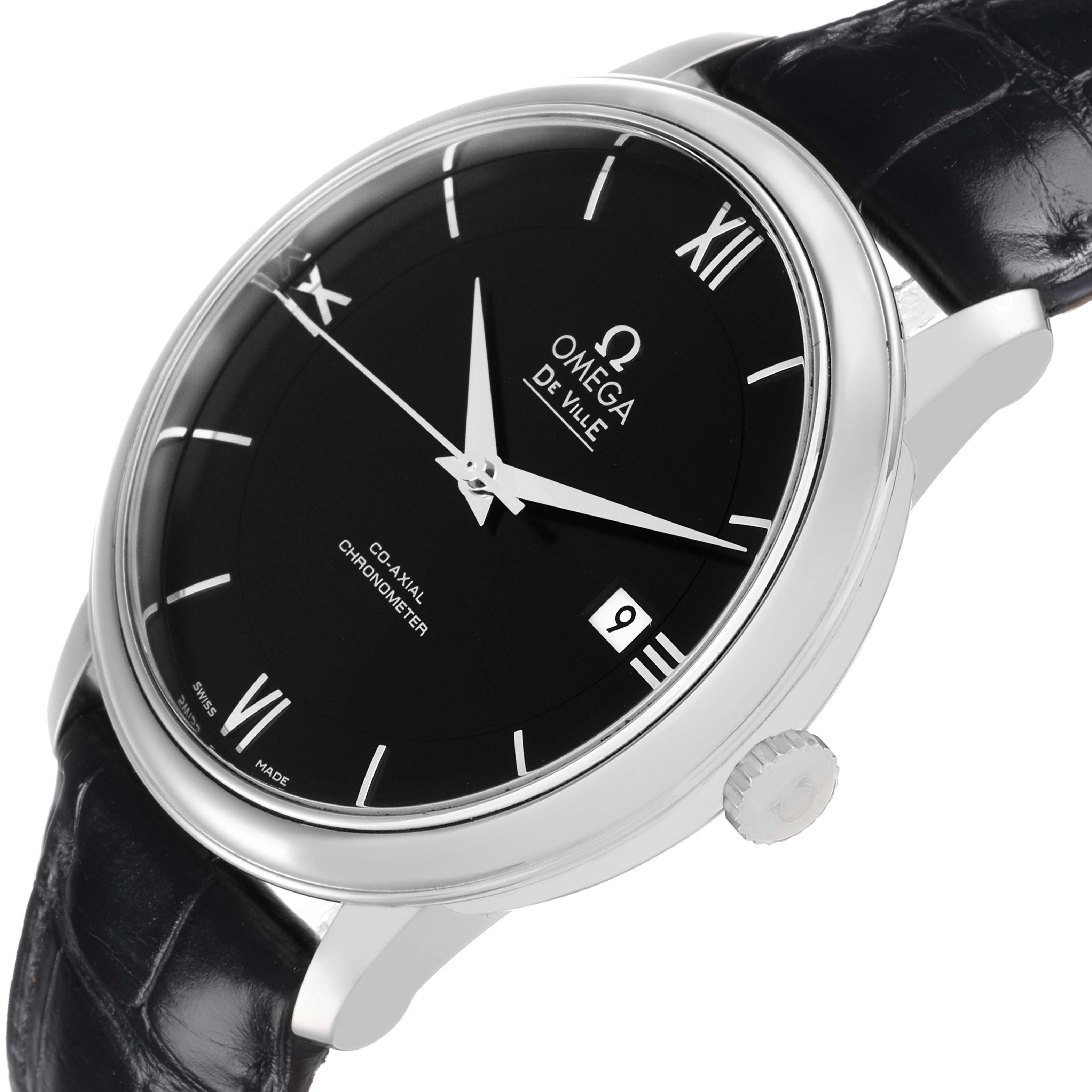 The Omega De Ville 424.13.40.20.01.001 Men
s Stainless Steel Black Dial watch is shown at a three-quarter angle, highlighting the black dial, Roman numerals, crown, and date window.