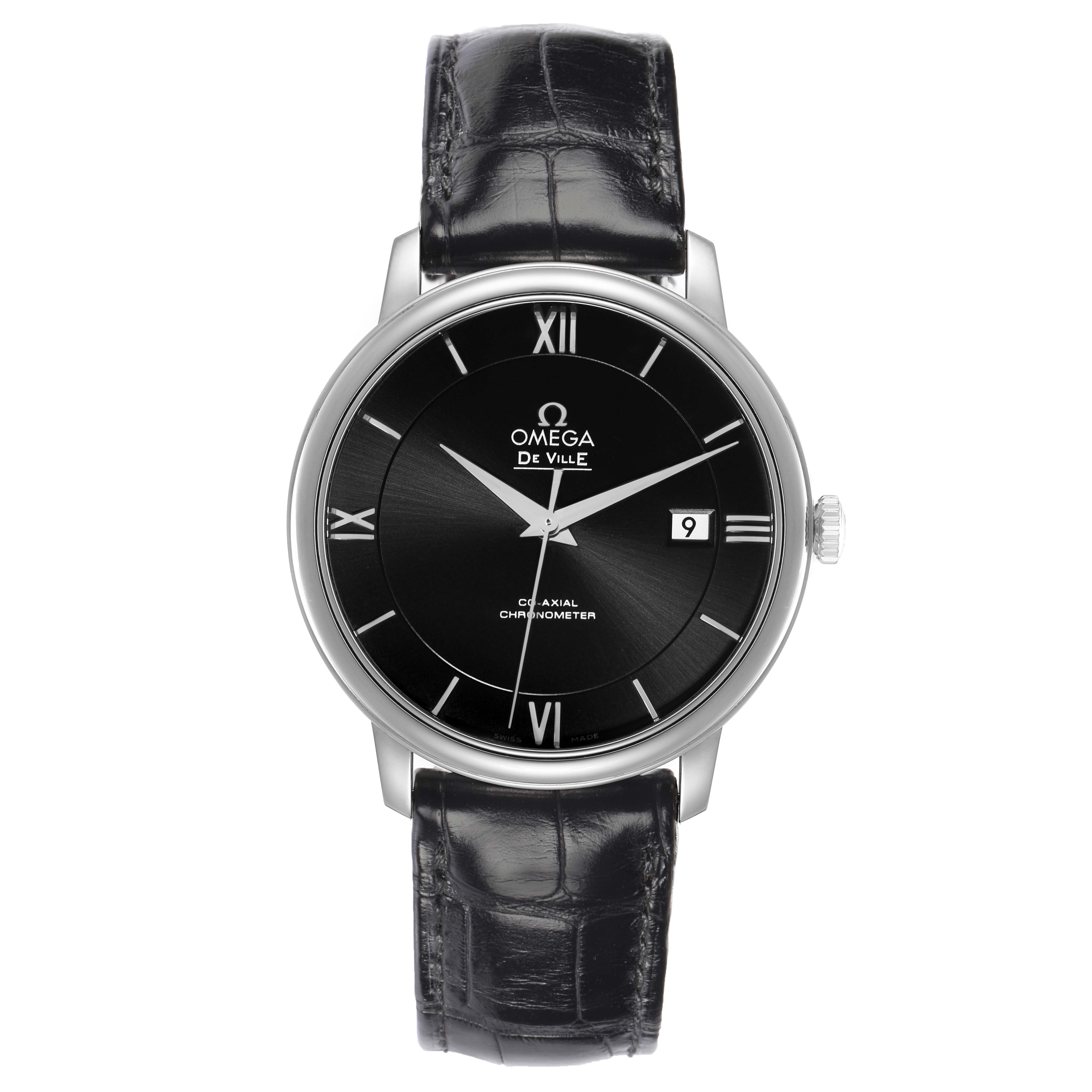 The Omega De Ville 424.13.40.20.01.001 Men
s Stainless Steel Black Dial watch is shown from a top view, displaying the dial, hands, date window, and leather strap.