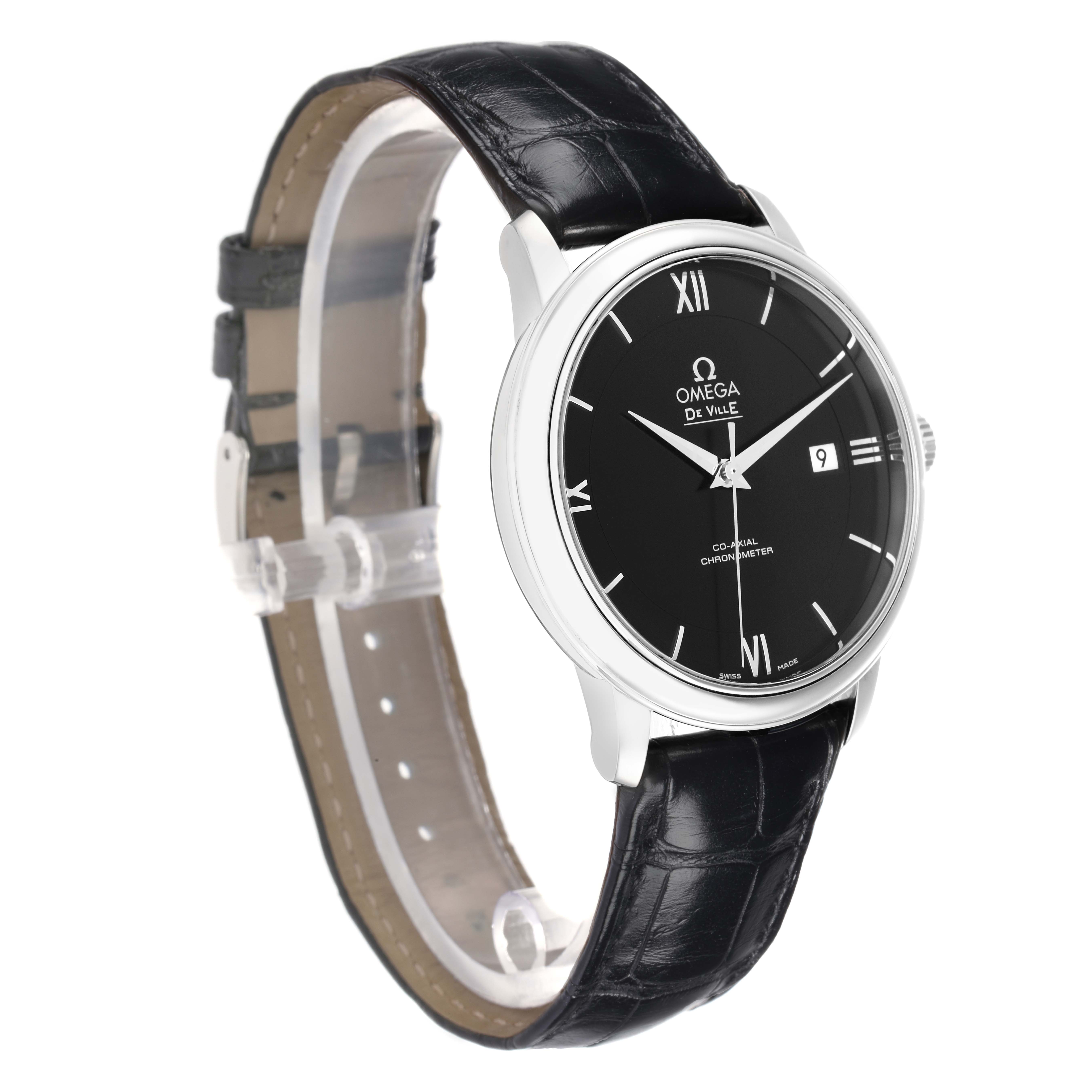The Omega De Ville 424.13.40.20.01.001 Men
s Stainless Steel Black Dial watch is shown at a three-quarter angle, highlighting the black dial, silver case, and leather strap.
