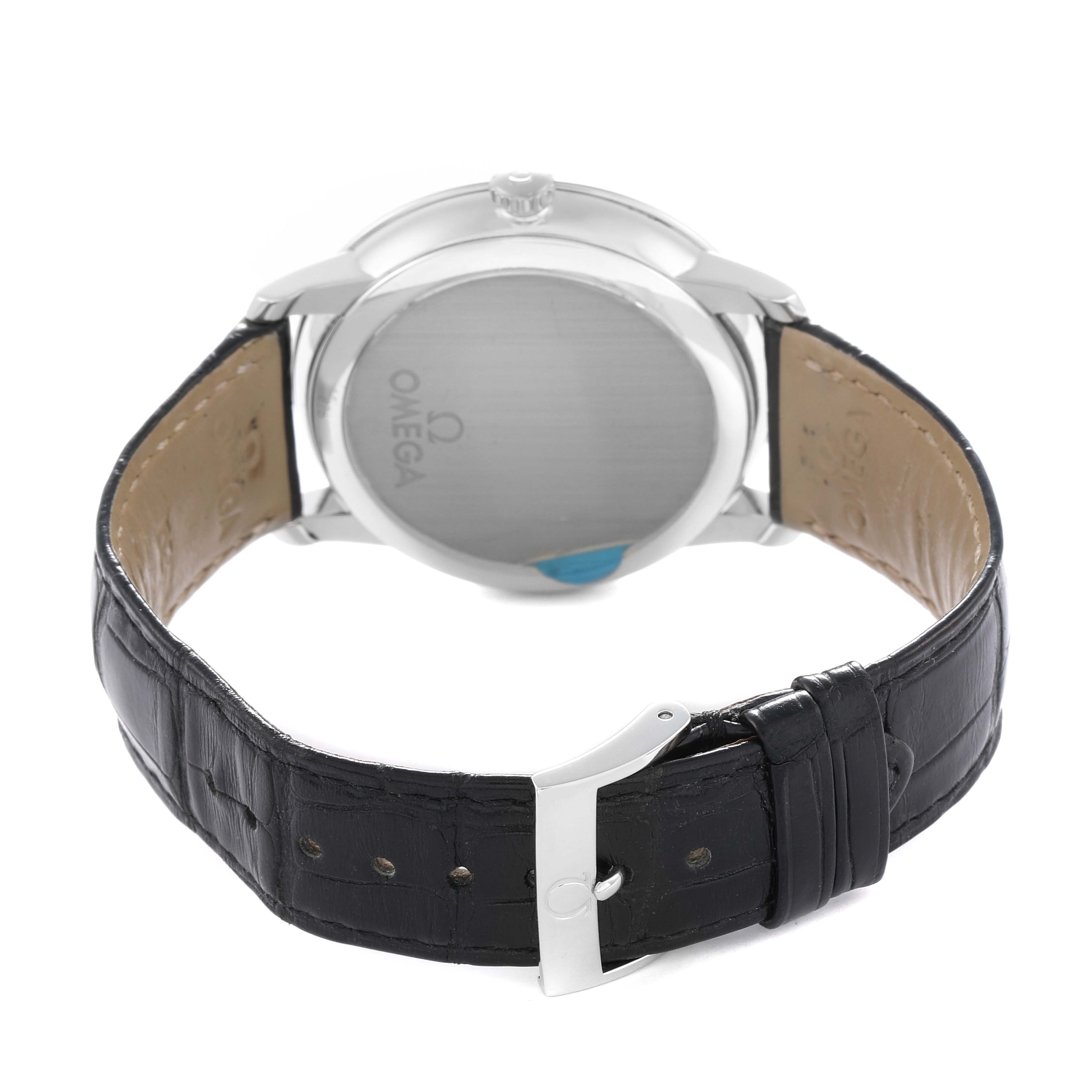 The image shows the back view of the Omega De Ville 424.13.40.20.01.001 Men
s Stainless Steel Black Dial watch, showcasing its case back and black leather strap with a buckle.