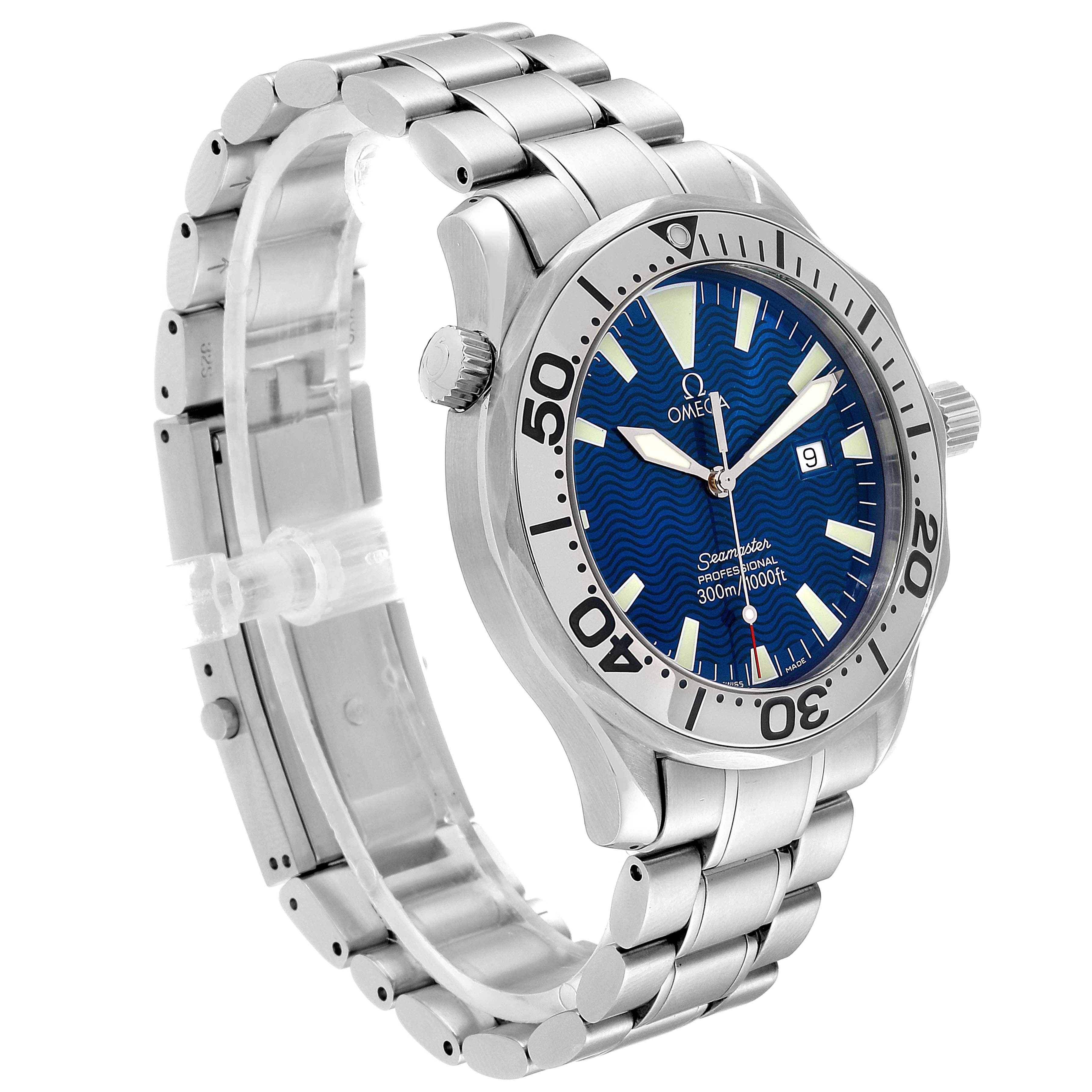 The Omega Seamaster 2255.80.00 Men
s Stainless Steel Blue Dial 2255.80.00 Men
s Stainless Steel Blue Dial watch is shown at a three-quarter angle, highlighting the face, bezel, and metal bracelet.