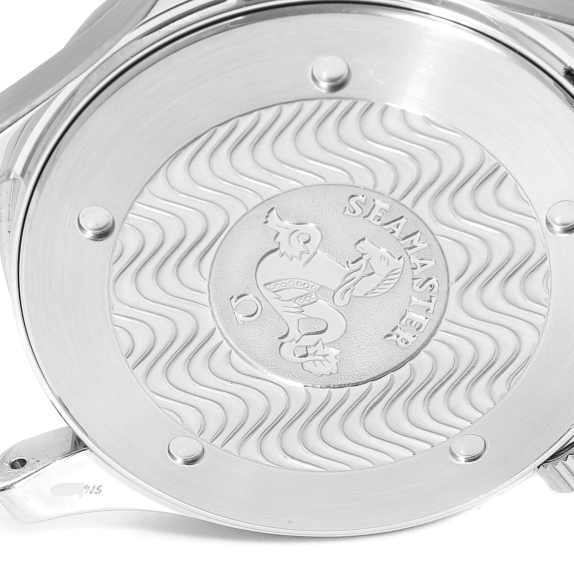 The image shows the case back of an Omega Seamaster 2255.80.00 Men
s Stainless Steel Blue Dial 2255.80.00 Men
s Stainless Steel Blue Dial watch, featuring the engraved logo and wave pattern.
