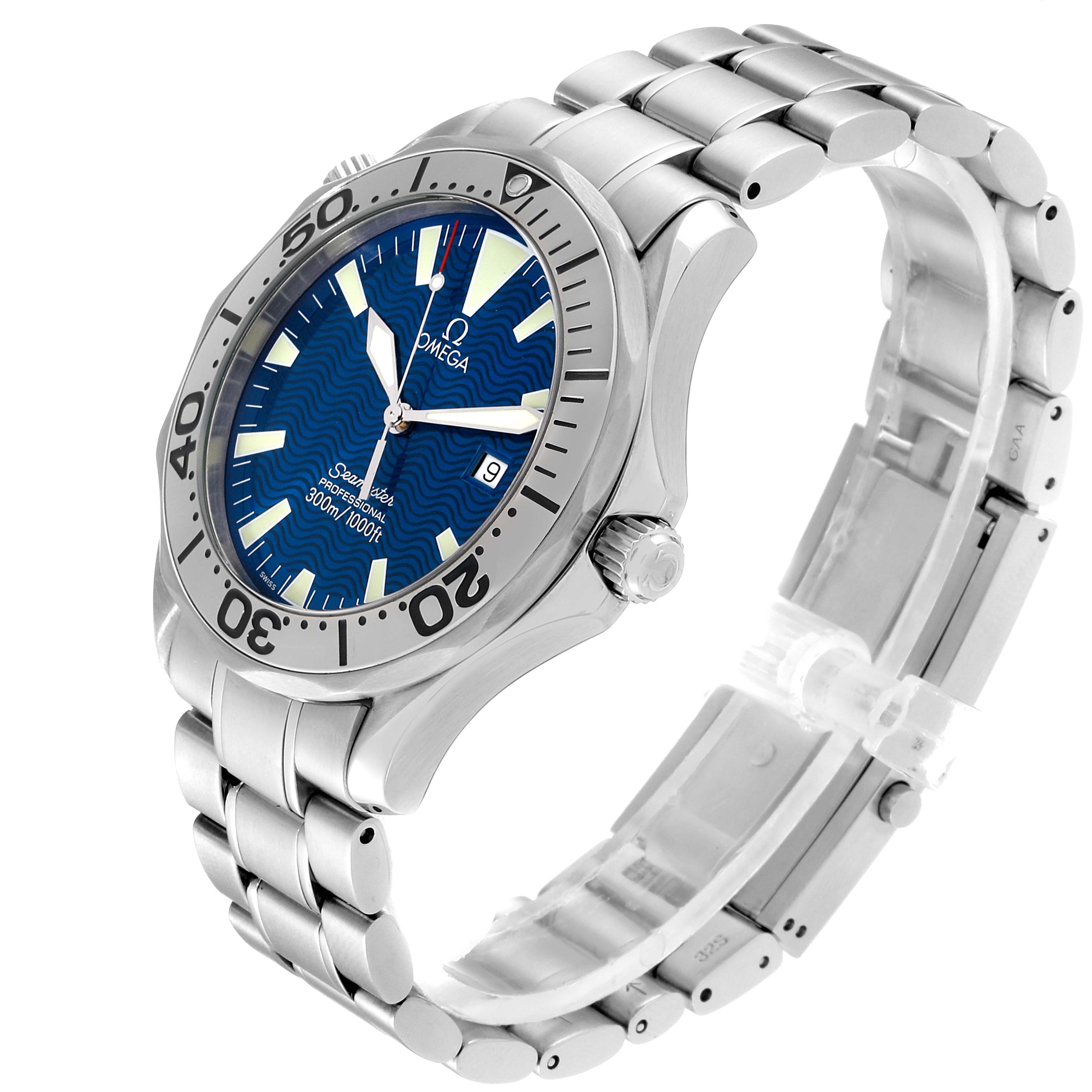 The image shows an angled view of an Omega Seamaster 2255.80.00 Men
s Stainless Steel Blue Dial 2255.80.00 Men
s Stainless Steel Blue Dial watch, highlighting its face, bezel, crown, and bracelet.