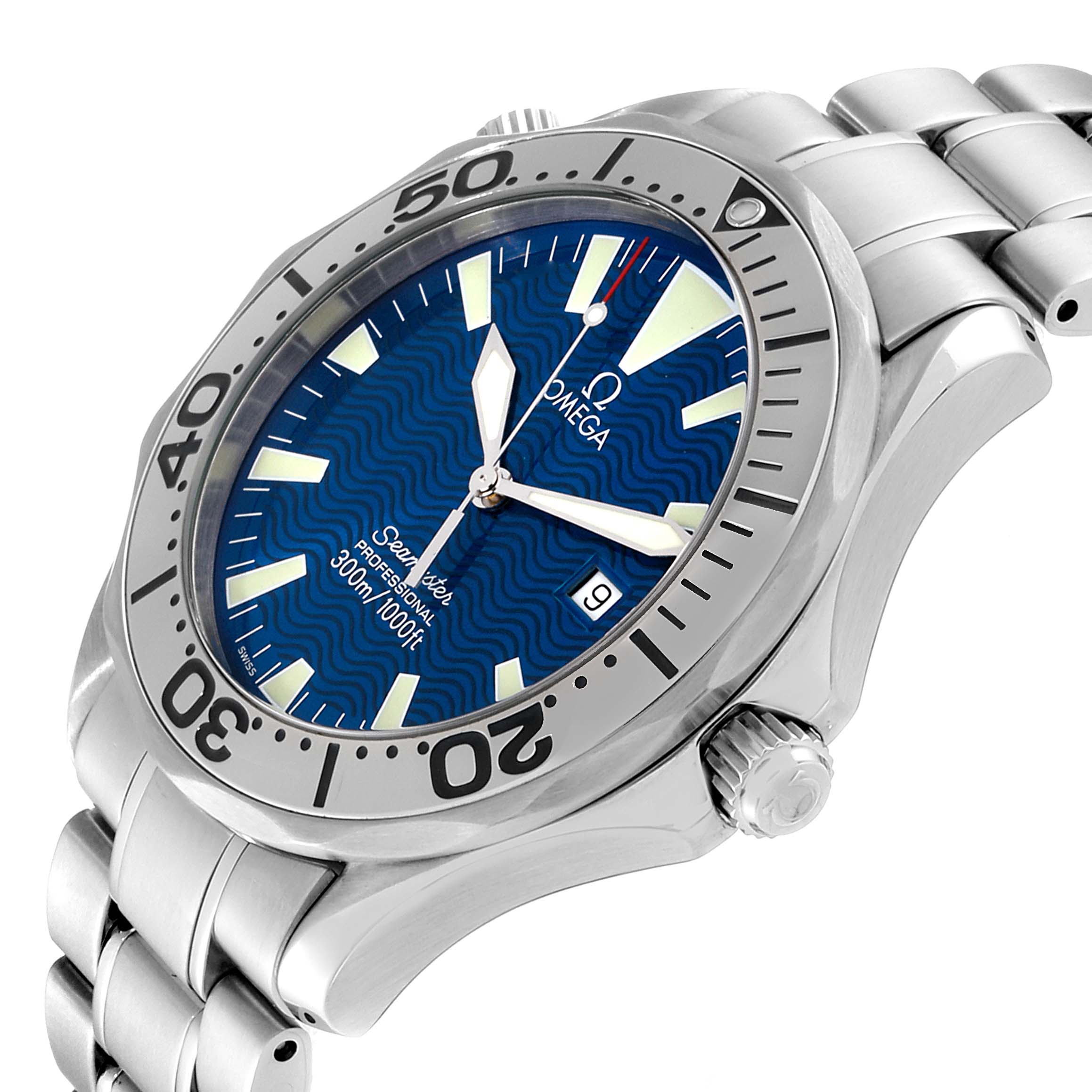 The image shows an angled view of the Omega Seamaster 2255.80.00 Men
s Stainless Steel Blue Dial 2255.80.00 Men
s Stainless Steel Blue Dial watch, highlighting its bezel, crown, bracelet, and blue dial.
