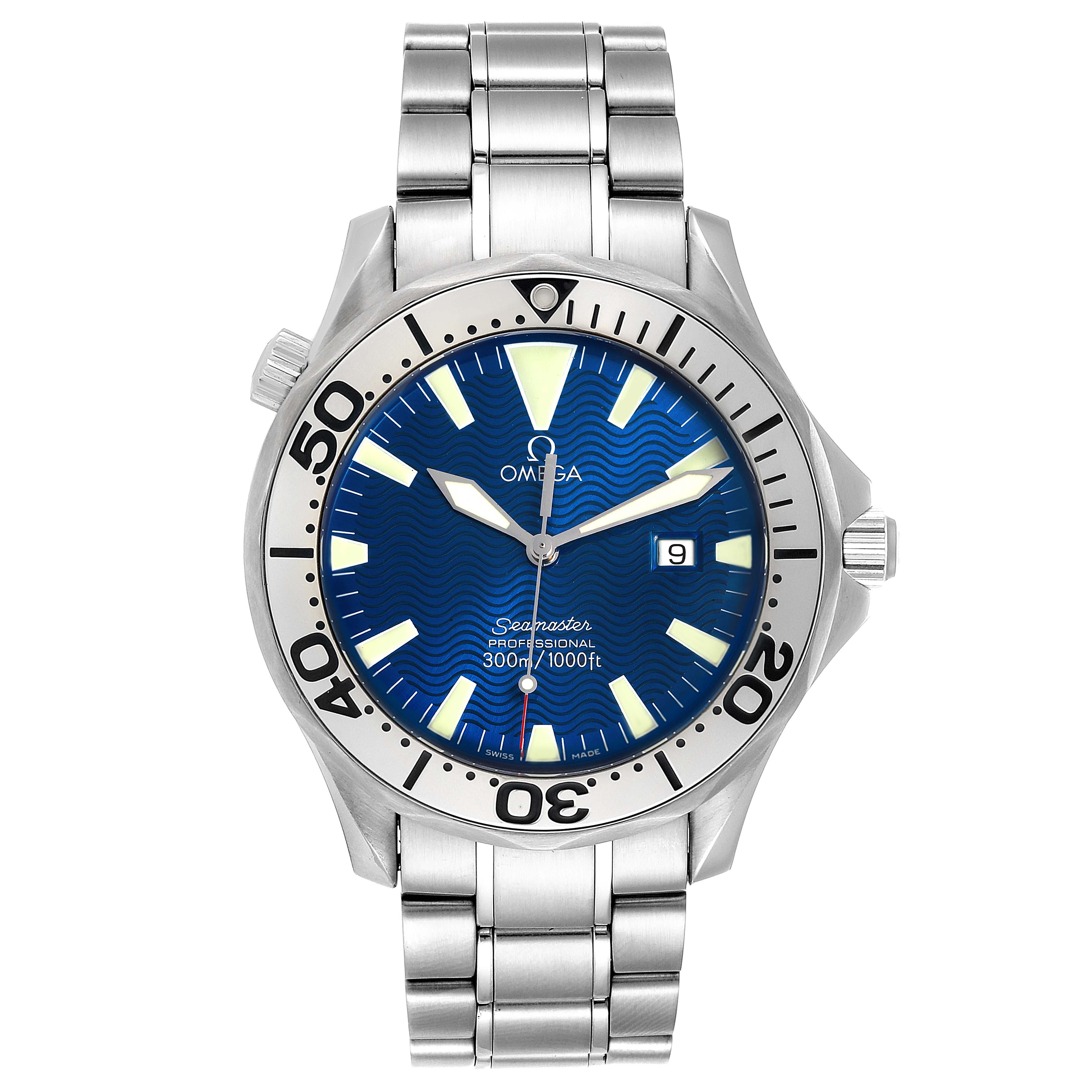 The image shows a front view of an Omega Seamaster 2255.80.00 Men
s Stainless Steel Blue Dial 2255.80.00 Men
s Stainless Steel Blue Dial watch, displaying its dial, bezel, crown, and stainless steel bracelet.