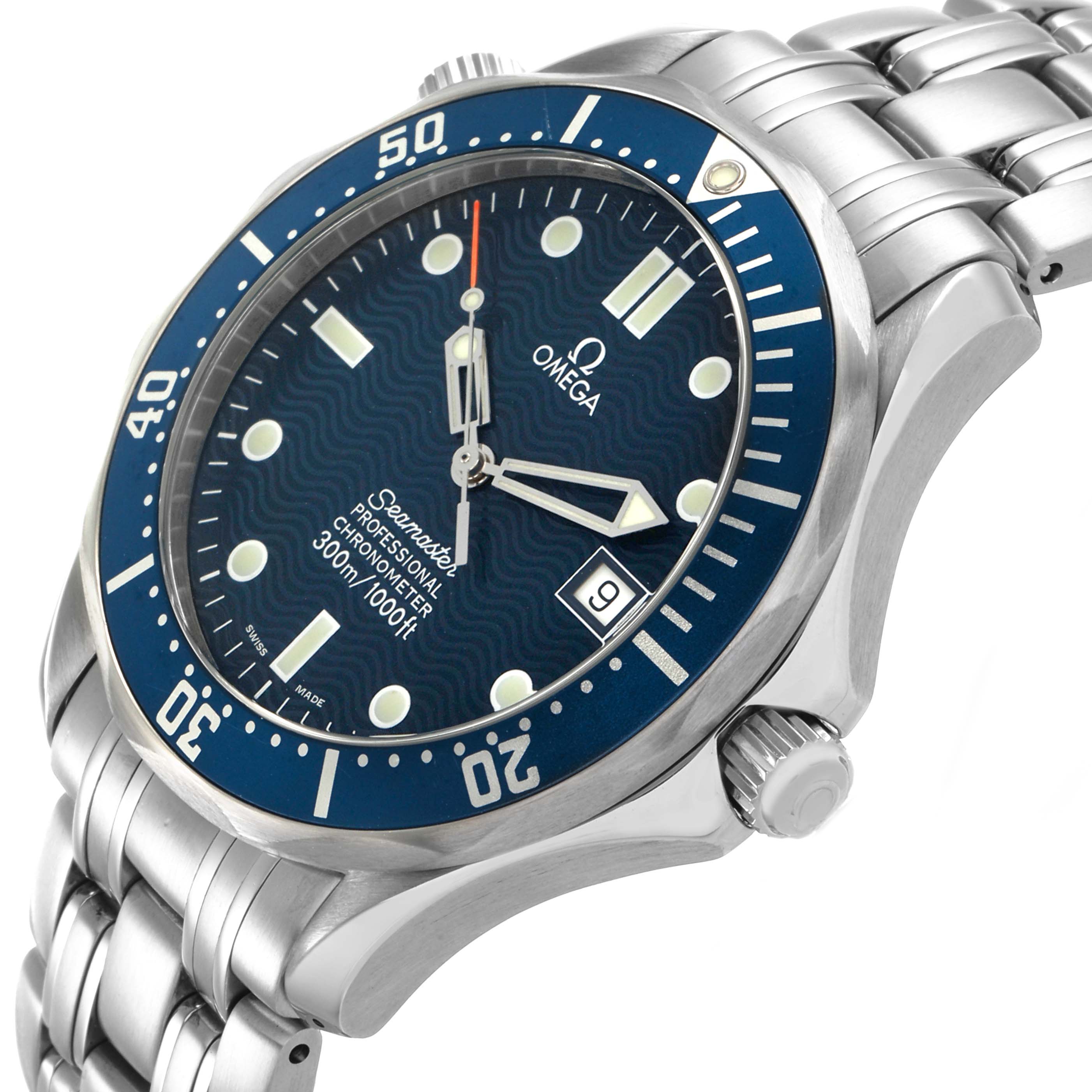 The Omega Seamaster 2531.80.00 Men's Stainless Steel Blue Dial watch is shown at an angled side view, displaying the bezel, dial, crown, and bracelet.