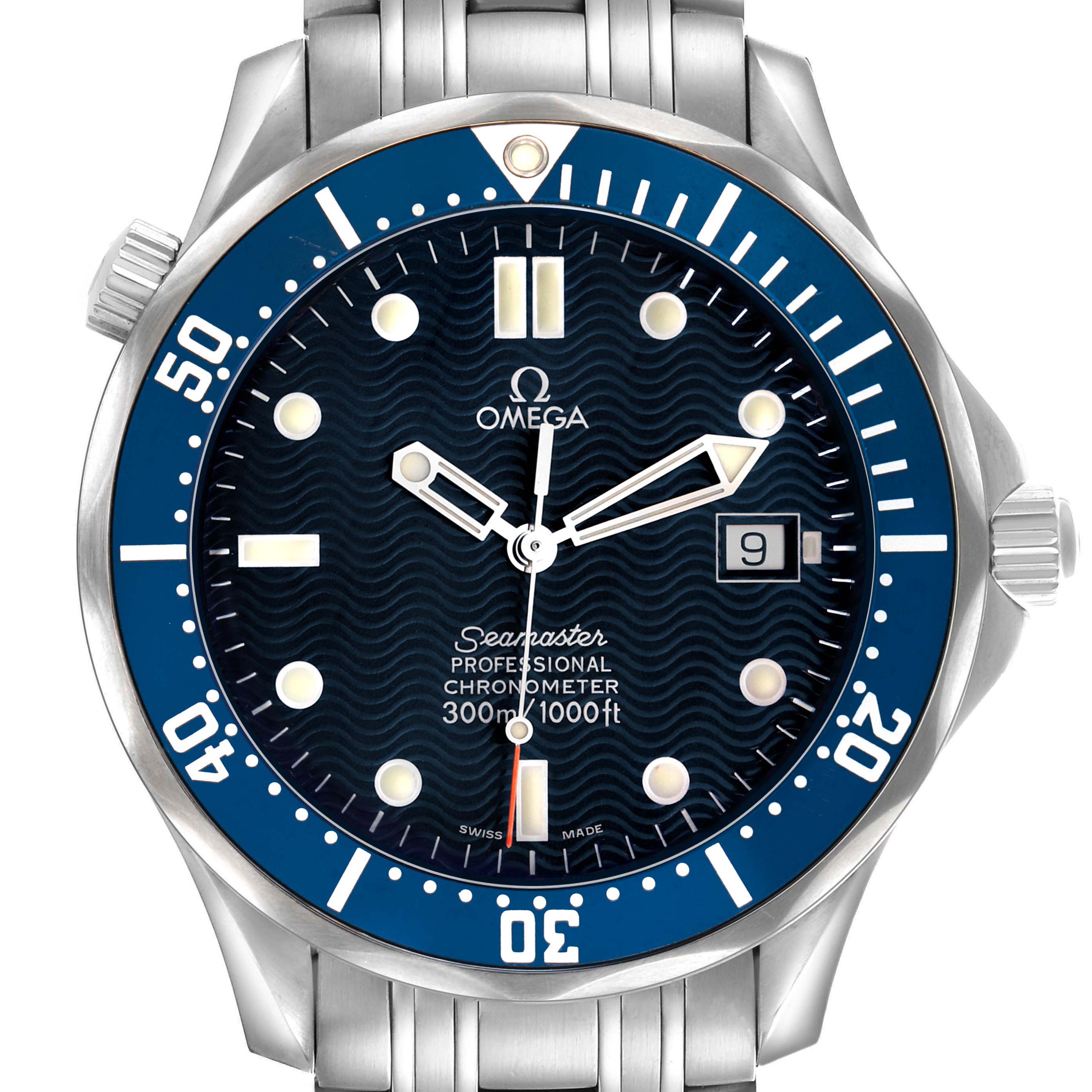 The Omega Seamaster 2531.80.00 Men's Stainless Steel Blue Dial watch is shown from the front, displaying its face, bezel, and part of the bracelet.