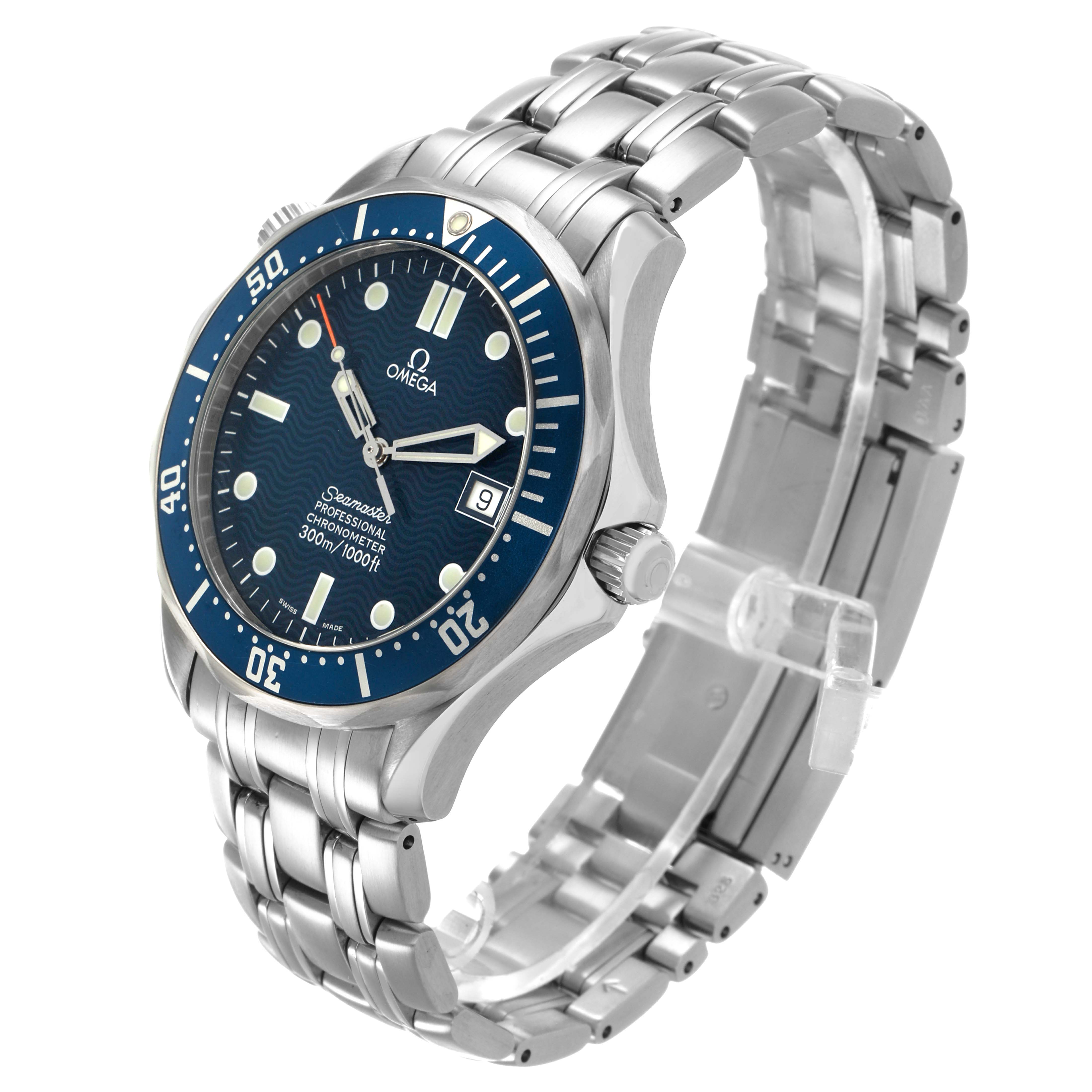 The Omega Seamaster 2531.80.00 Men's Stainless Steel Blue Dial watch is shown at a three-quarter angle, highlighting the dial, bezel, crown, and stainless steel bracelet.