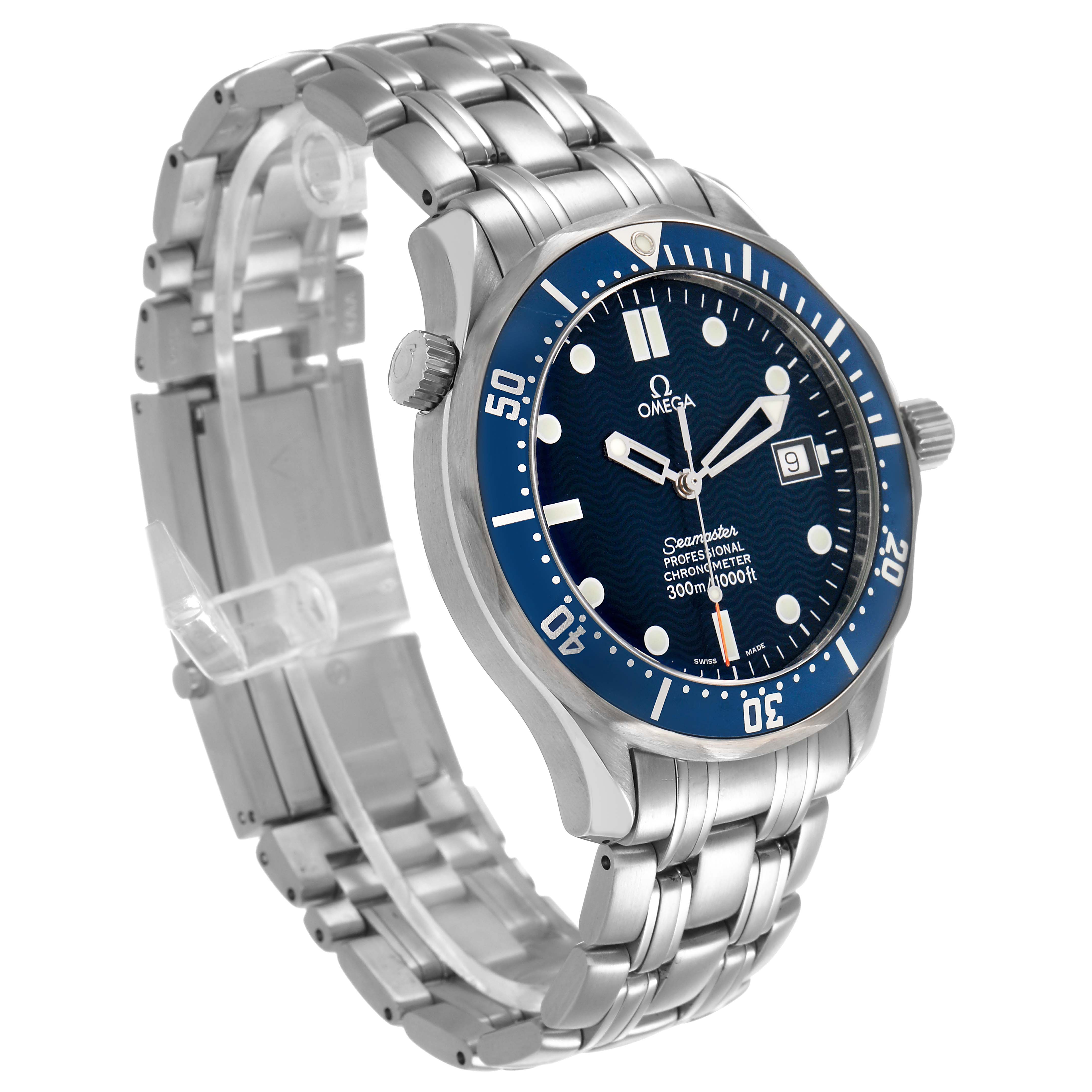The Omega Seamaster 2531.80.00 Men's Stainless Steel Blue Dial watch is shown at a three-quarter angle, highlighting the dial, bezel, and bracelet.