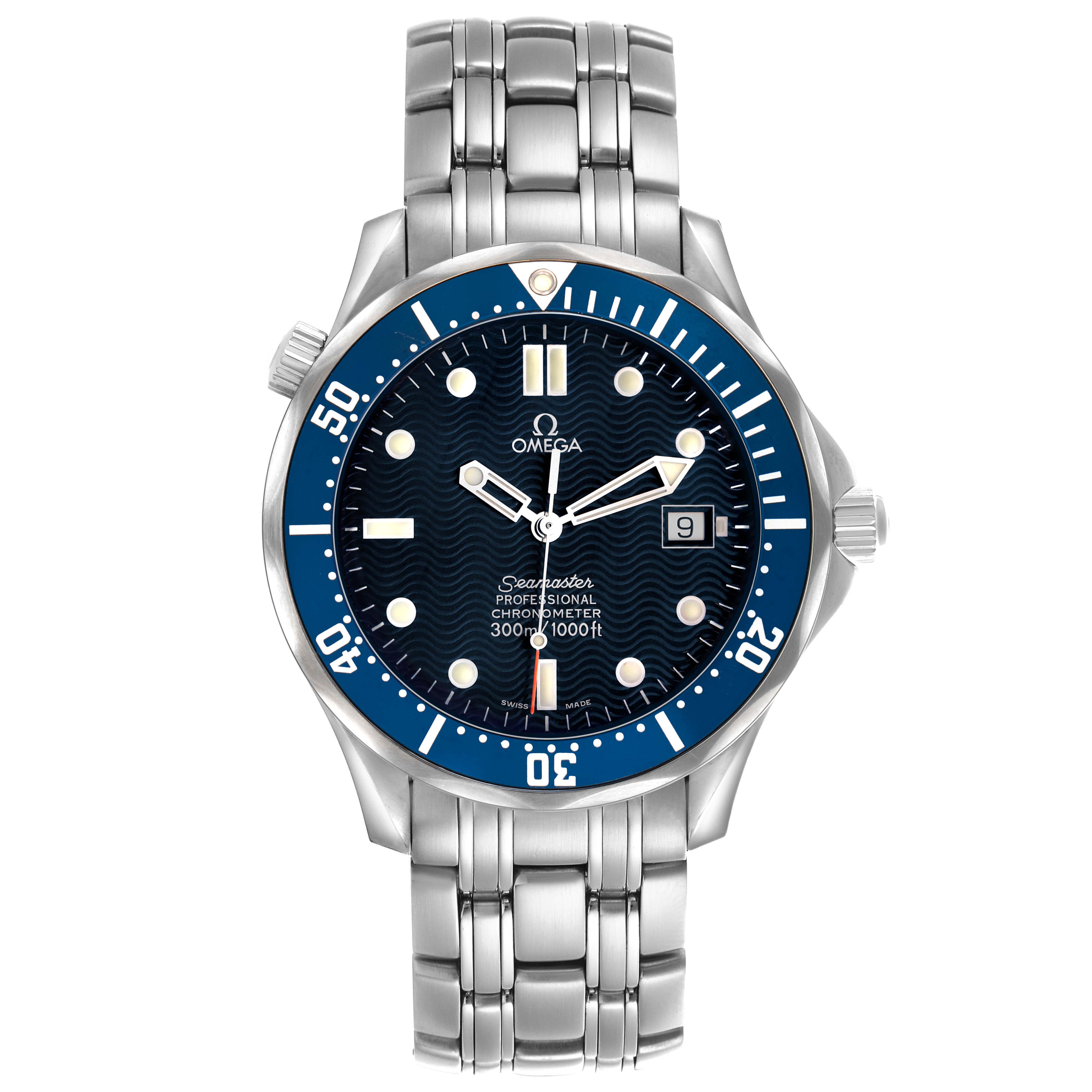 The image shows a frontal view of an Omega Seamaster 2531.80.00 Men's Stainless Steel Blue Dial watch, highlighting the dial, bezel, bracelet, and crown.