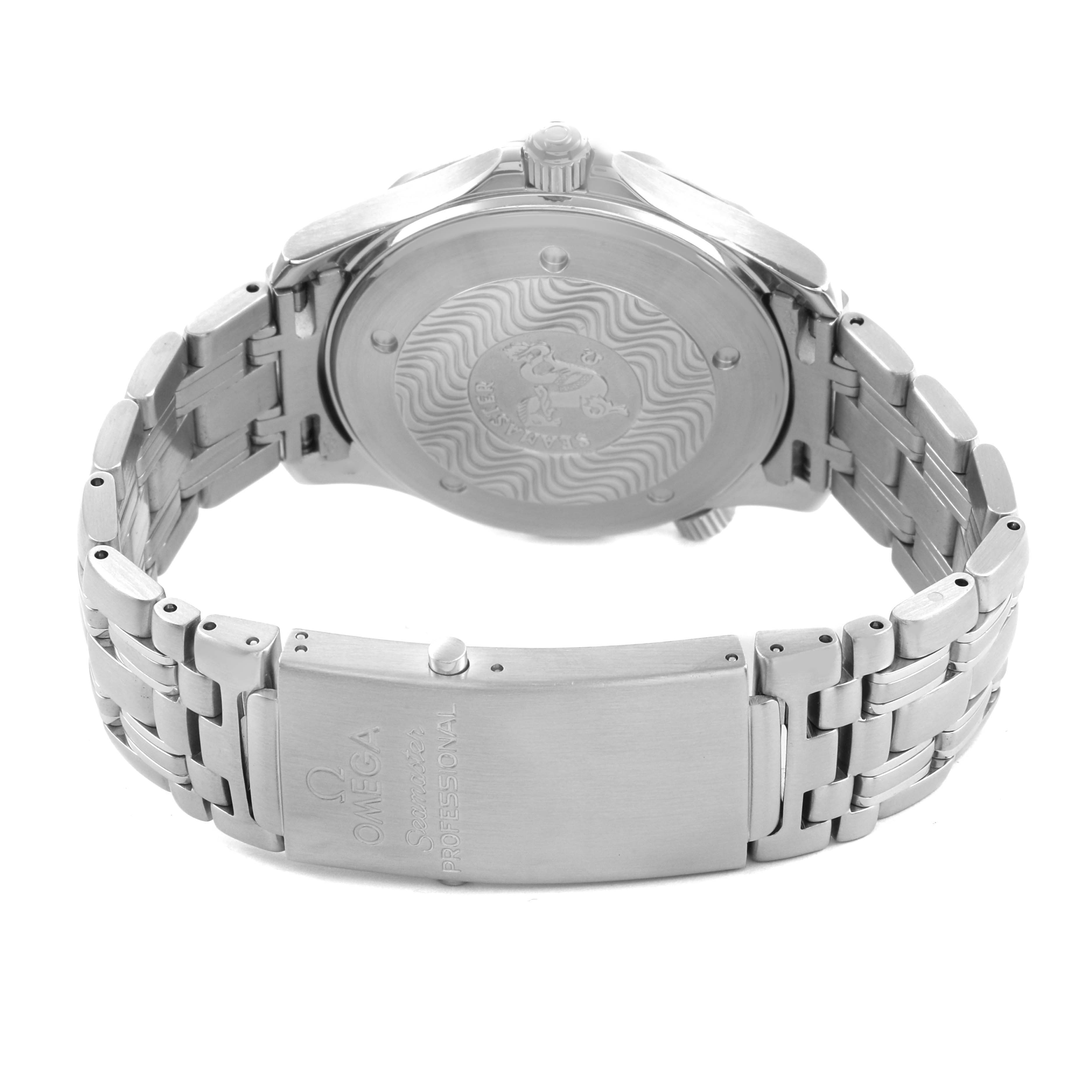 The image shows the back and clasp of the Omega Seamaster 2531.80.00 Men's Stainless Steel Blue Dial, highlighting the case back design and metal bracelet.