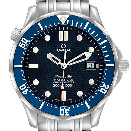 The image shows a front view of the Omega Seamaster 2531.80.00 Men's Stainless Steel Blue Dial watch, highlighting its face, bezel, and bracelet with a date display.