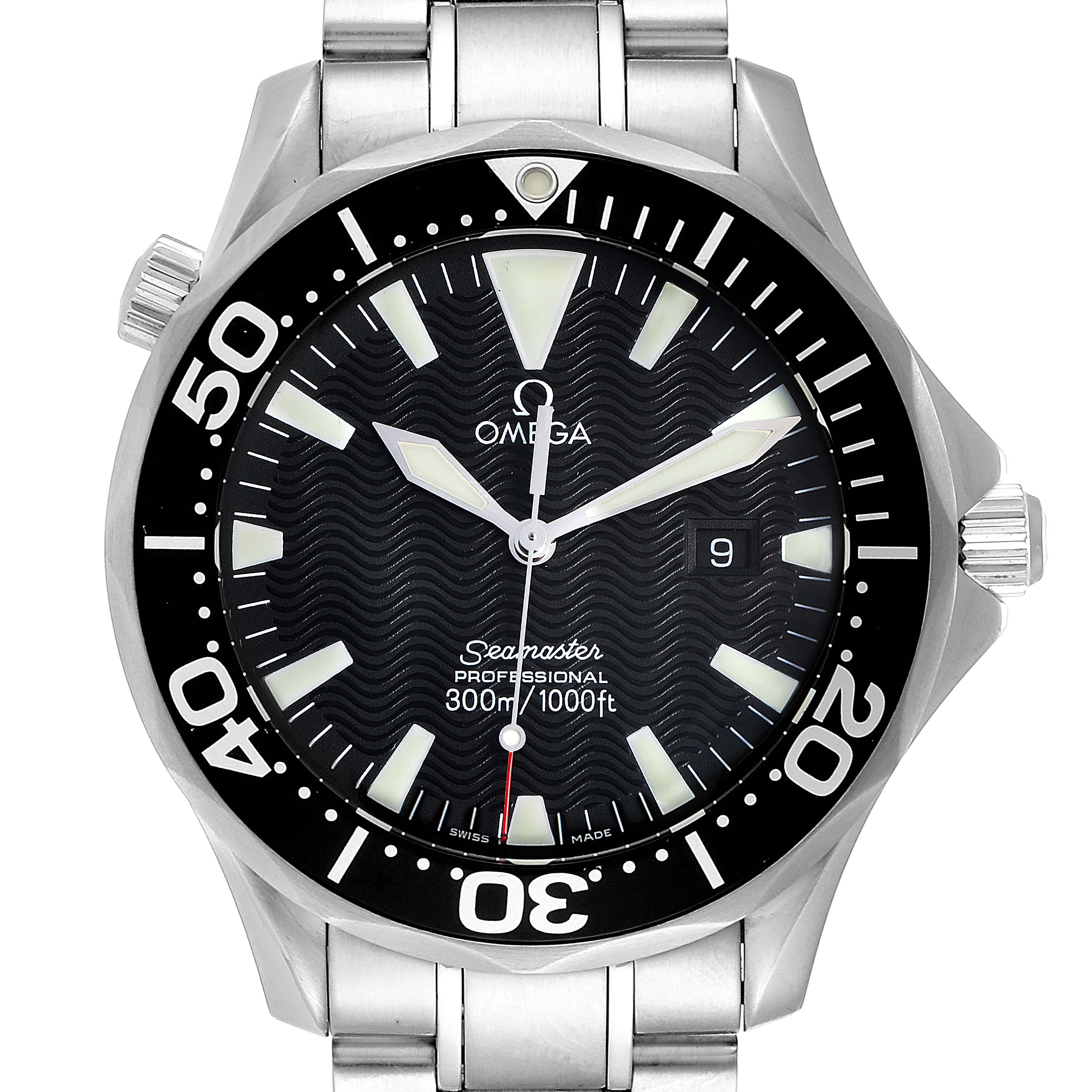 The image shows a front view of the Omega Seamaster 2264.50.00 Men
s Stainless Steel Black Dial 2264.50.00 Men
s Stainless Steel Black Dial watch, highlighting the dial, bezel, crown, and part of the bracelet.