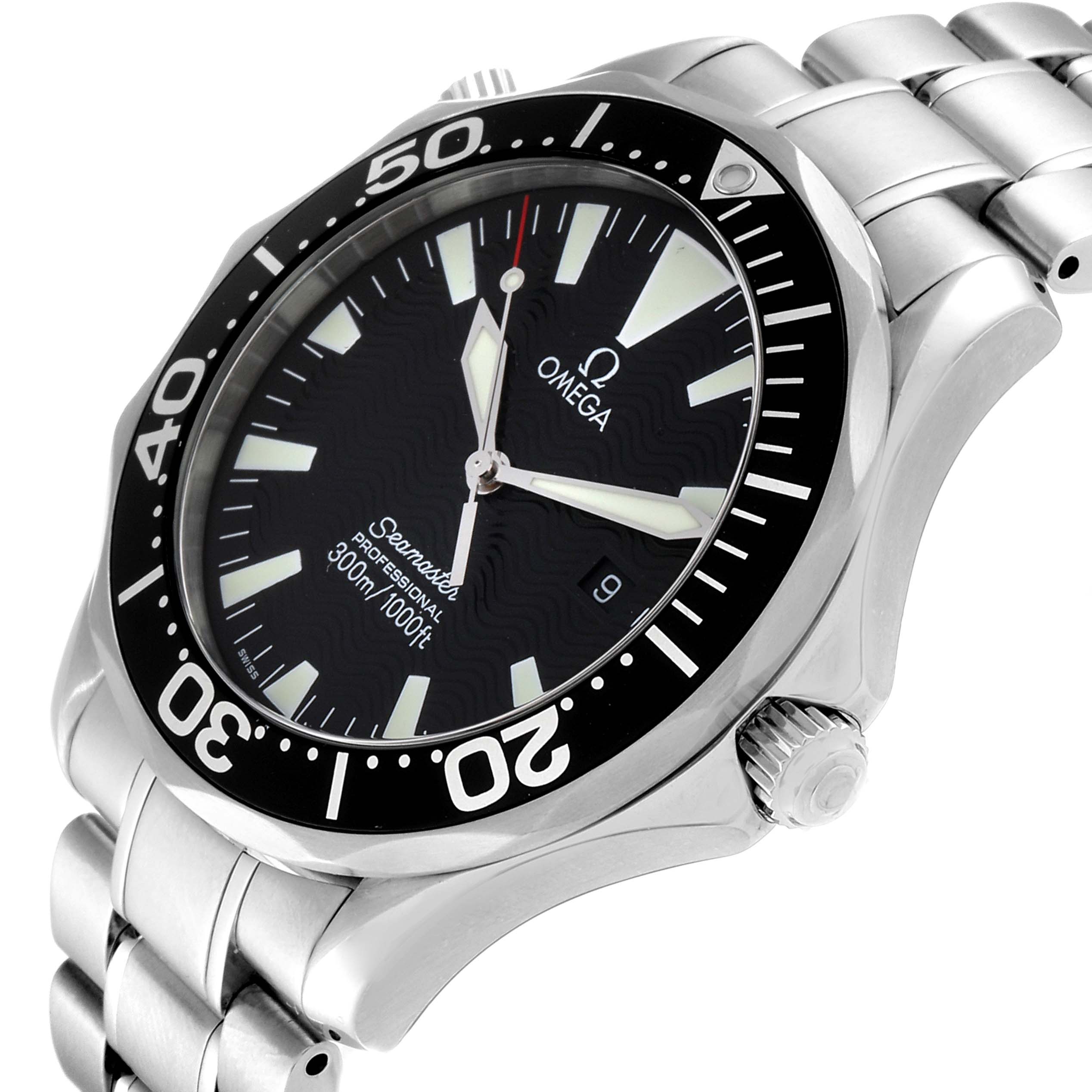 The Omega Seamaster 2264.50.00 Men
s Stainless Steel Black Dial 2264.50.00 Men
s Stainless Steel Black Dial watch is shown at a tilted angle, revealing the face, bezel, crown, and bracelet.