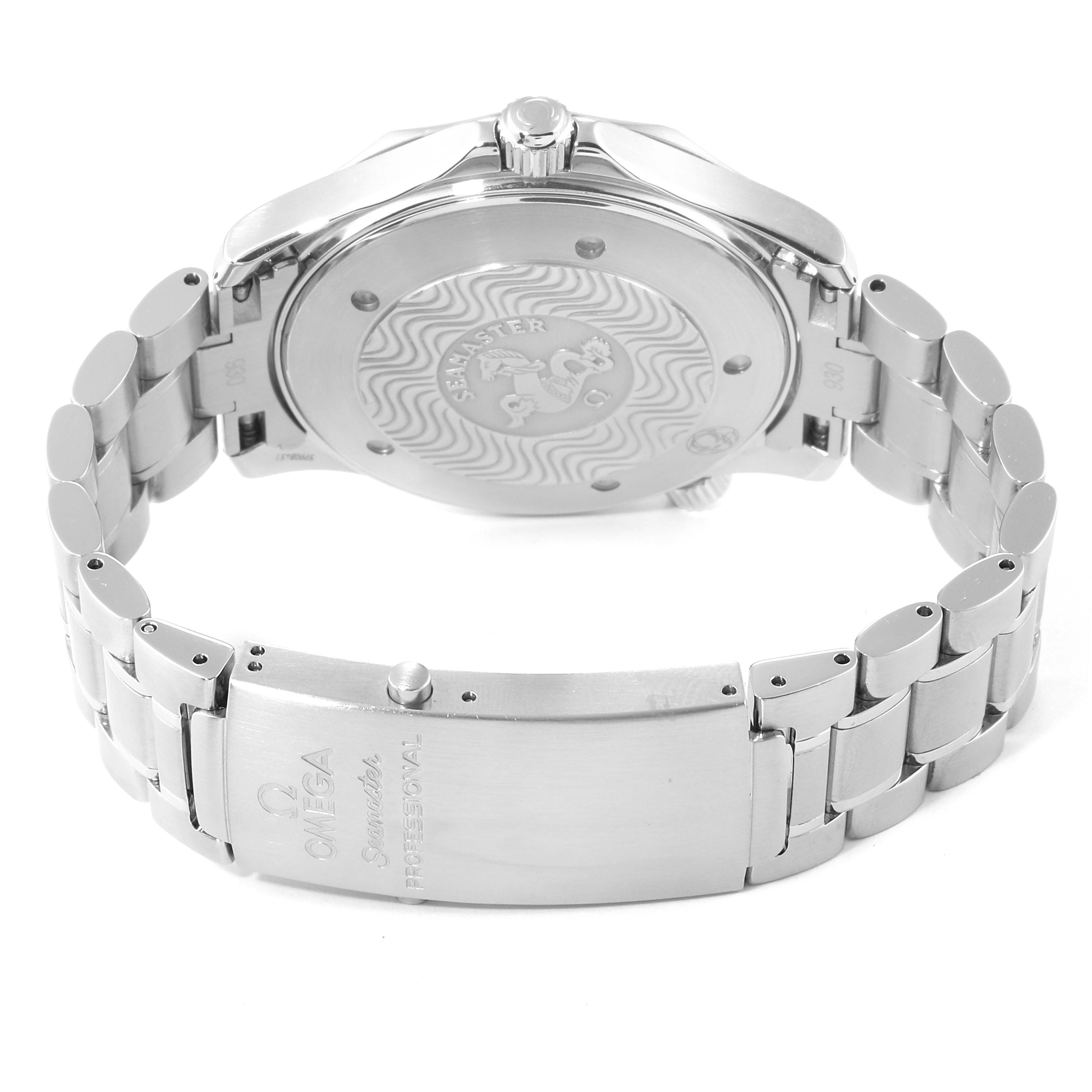 The image shows the back and clasp of an Omega Seamaster 2264.50.00 Men
s Stainless Steel Black Dial 2264.50.00 Men
s Stainless Steel Black Dial watch, highlighting its bracelet and case back details.