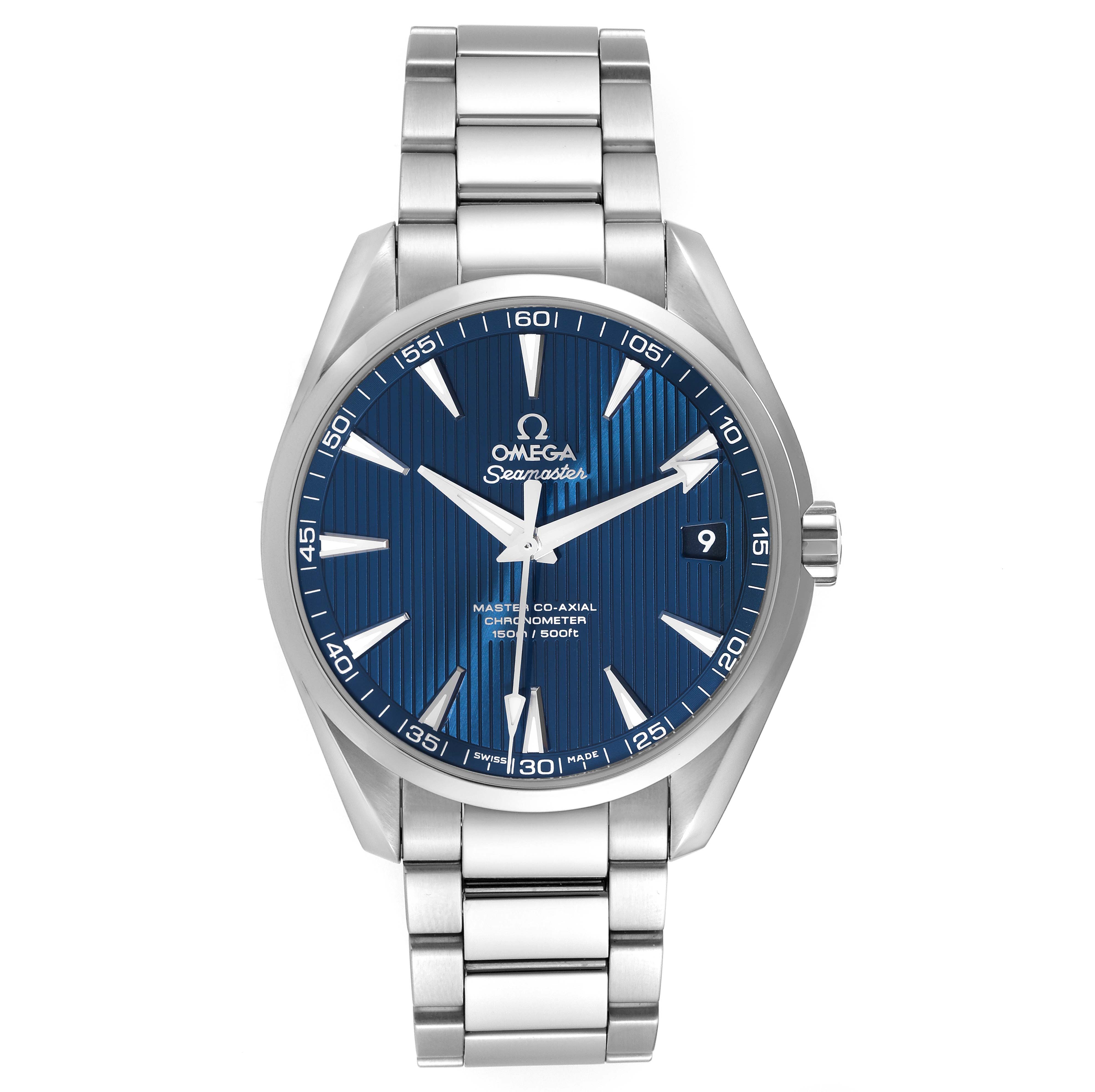 The image shows an Omega Aqua Terra 231.10.42.21.03.003 Men
s Stainless Steel Blue Dial 231.10.42.21.03.003 Men
s Stainless Steel Blue Dial watch from a front angle, displaying its blue dial, stainless steel bracelet, and date window.