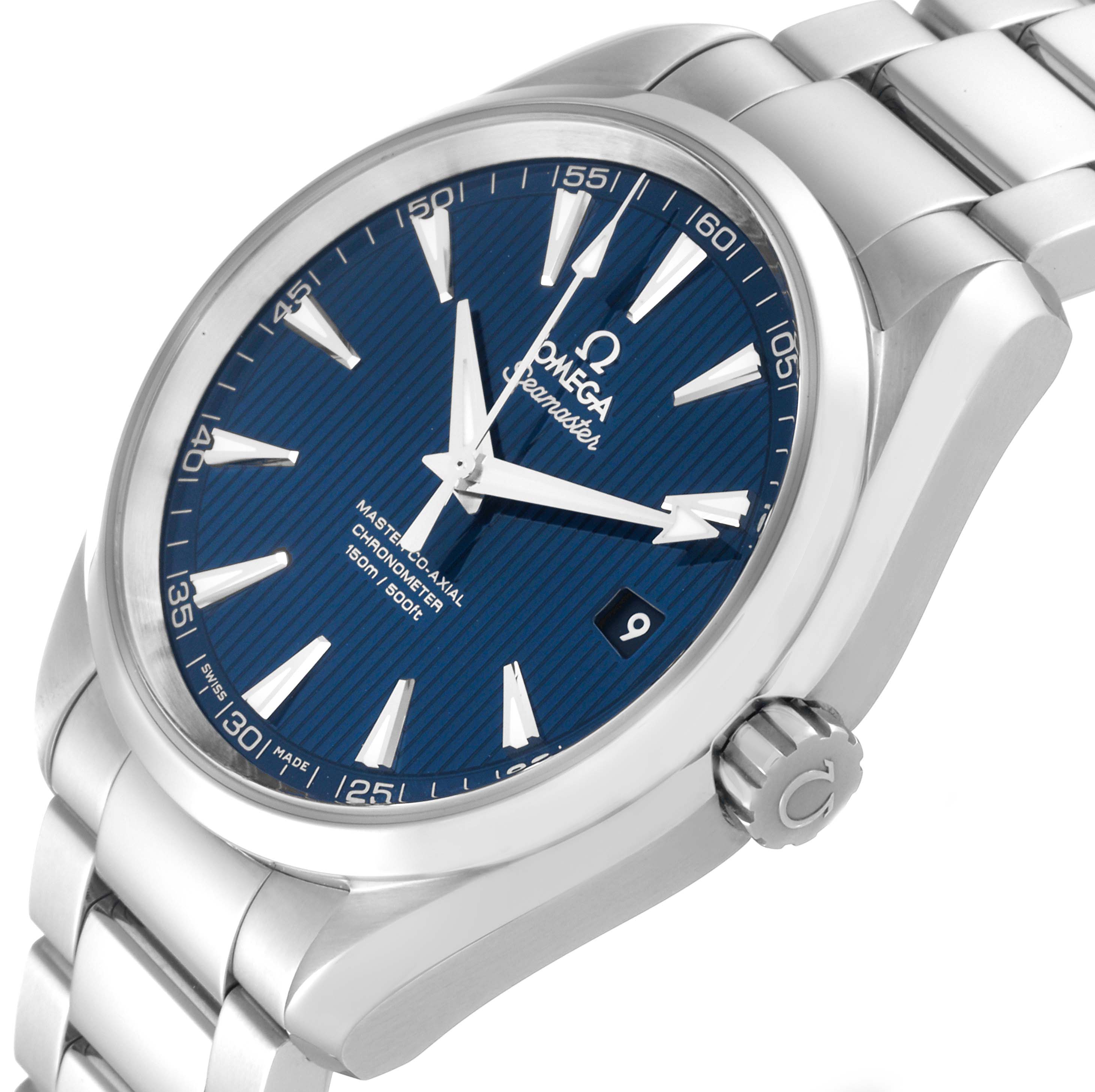 The image shows a close-up angle of the Omega Aqua Terra 231.10.42.21.03.003 Men
s Stainless Steel Blue Dial 231.10.42.21.03.003 Men
s Stainless Steel Blue Dial watch, highlighting its blue dial, crown, and steel bracelet.