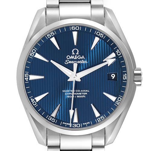 This image shows a close-up front view of the Omega Aqua Terra watch, highlighting its blue dial, hands, markers, and date display.