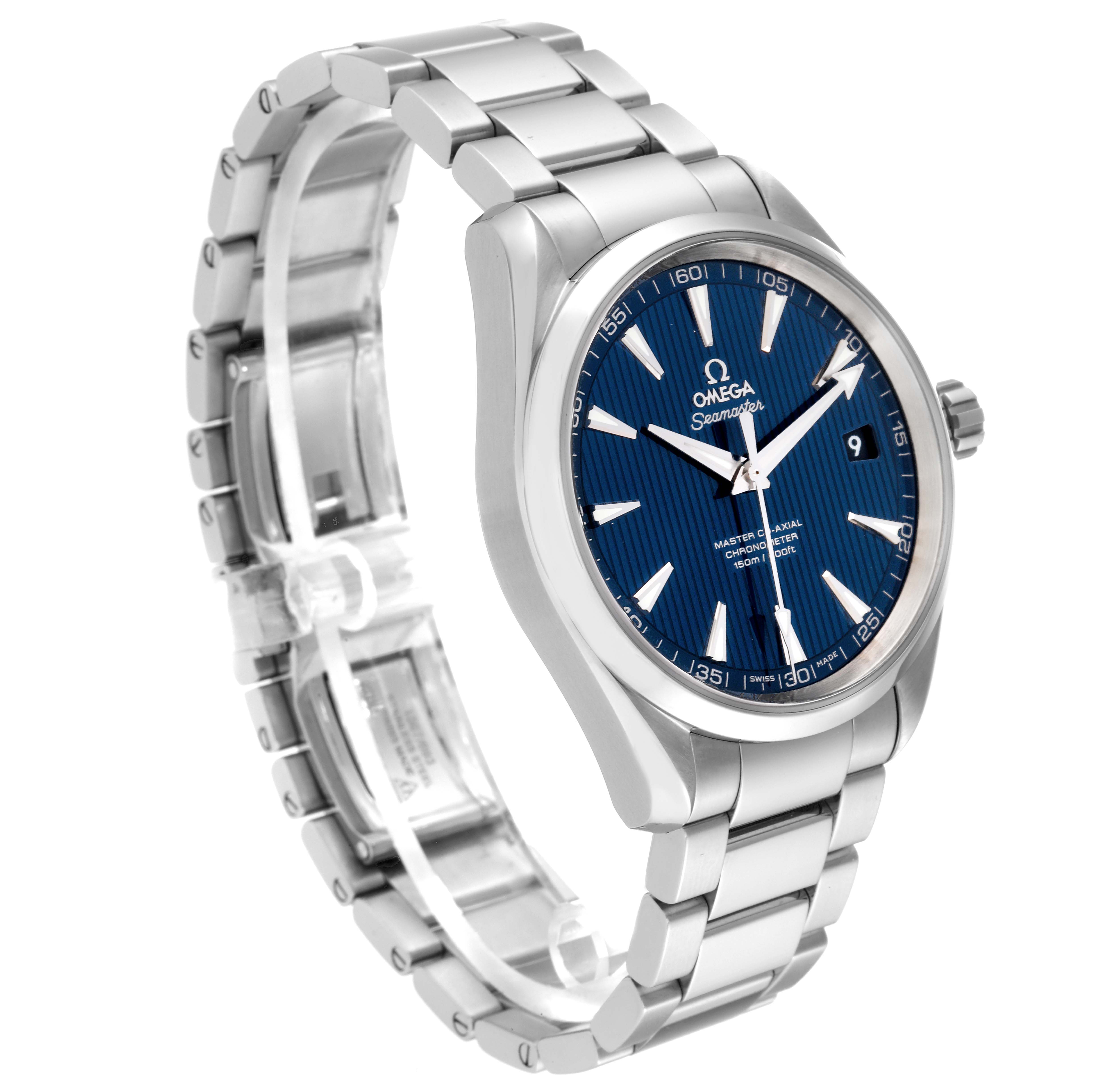 The image shows an angled side view of the Omega Aqua Terra 231.10.42.21.03.003 Men
s Stainless Steel Blue Dial 231.10.42.21.03.003 Men
s Stainless Steel Blue Dial watch, highlighting its blue dial, silver bracelet, and case.