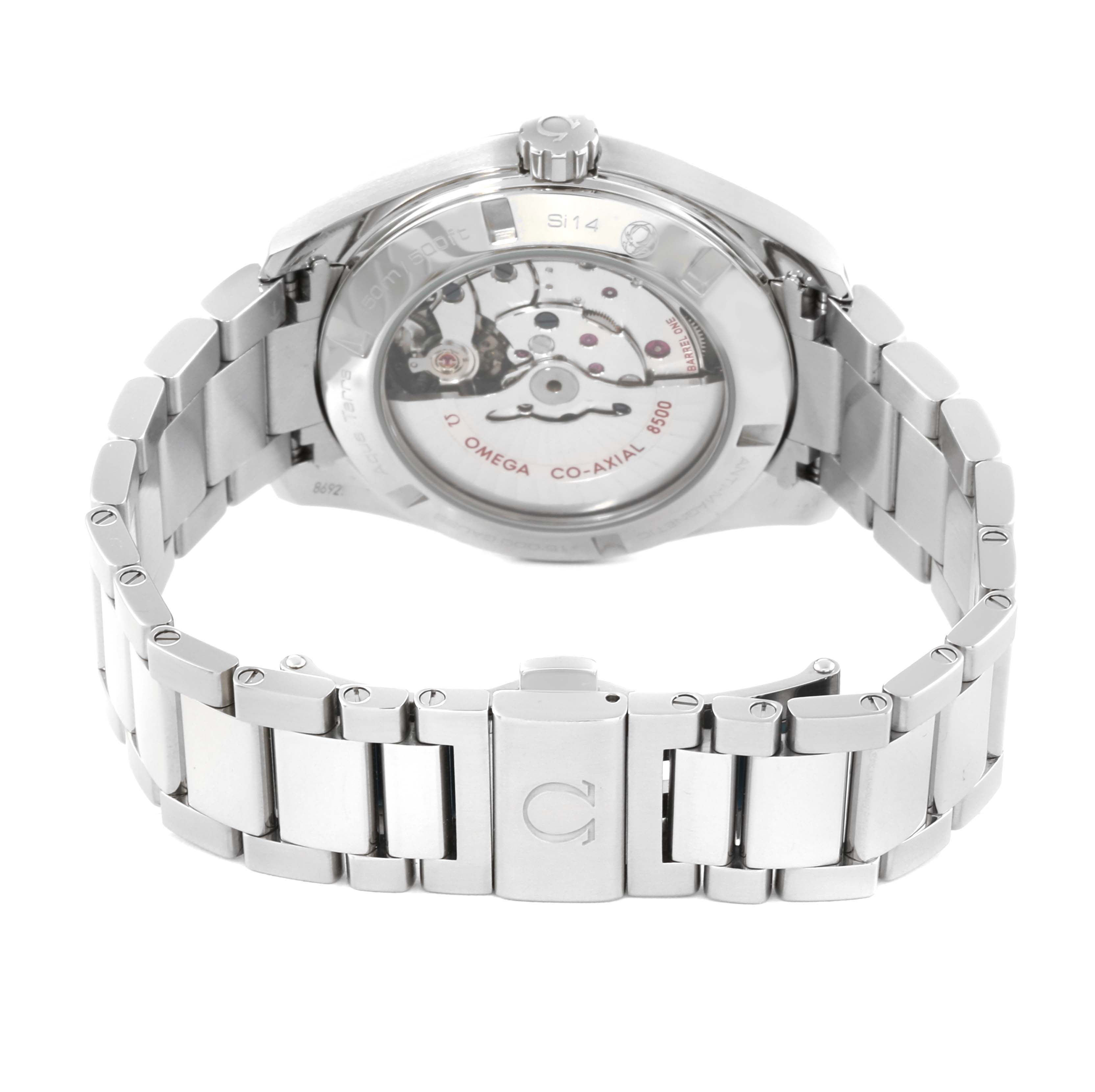 The image shows the back view of the Omega Aqua Terra 231.10.42.21.03.003 Men
s Stainless Steel Blue Dial 231.10.42.21.03.003 Men
s Stainless Steel Blue Dial watch, highlighting its open case back and stainless steel bracelet.