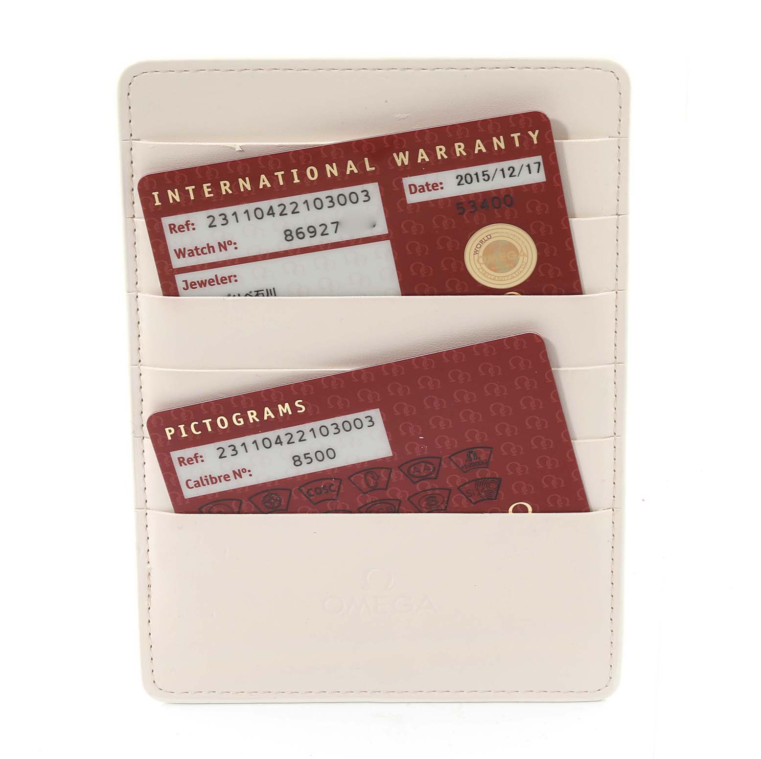 This image shows the international warranty and pictograms cards for the Omega Aqua Terra 231.10.42.21.03.003 Men
s Stainless Steel Blue Dial 231.10.42.21.03.003 Men
s Stainless Steel Blue Dial model in a white cardholder.