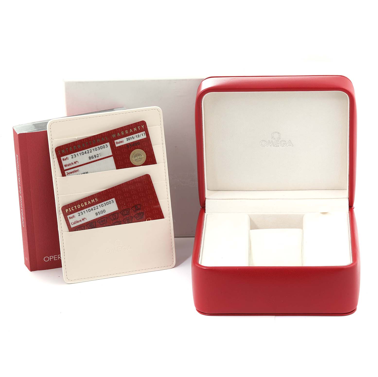 The image features the Omega Aqua Terra 231.10.42.21.03.003 Men
s Stainless Steel Blue Dial 231.10.42.21.03.003 Men
s Stainless Steel Blue Dial watch accessories, including a red box, warranty cards, and a manual.