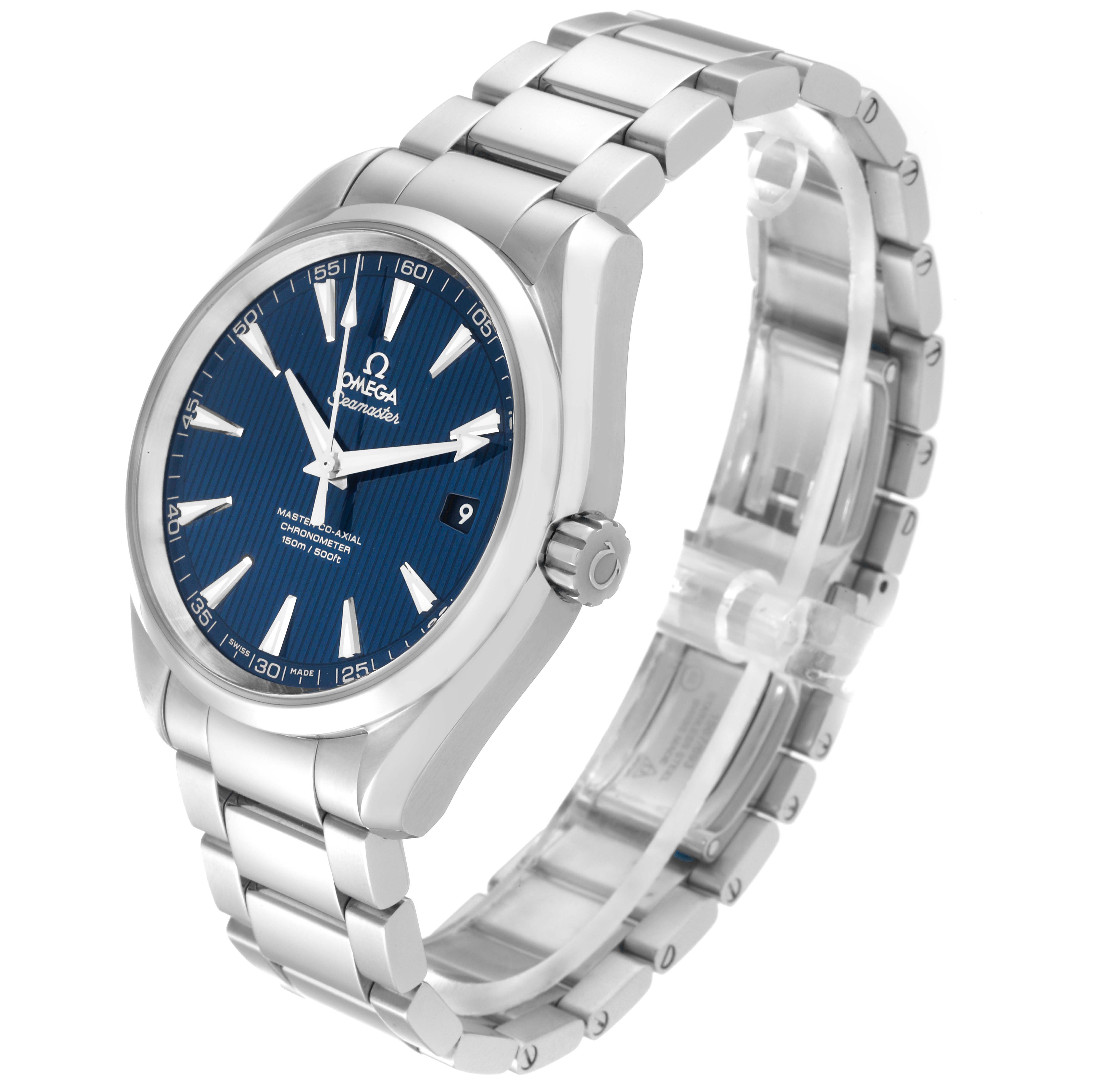 The Omega Aqua Terra 231.10.42.21.03.003 Men
s Stainless Steel Blue Dial 231.10.42.21.03.003 Men
s Stainless Steel Blue Dial watch is shown at a slight angle, displaying the dial, bezel, crown, and metal bracelet.