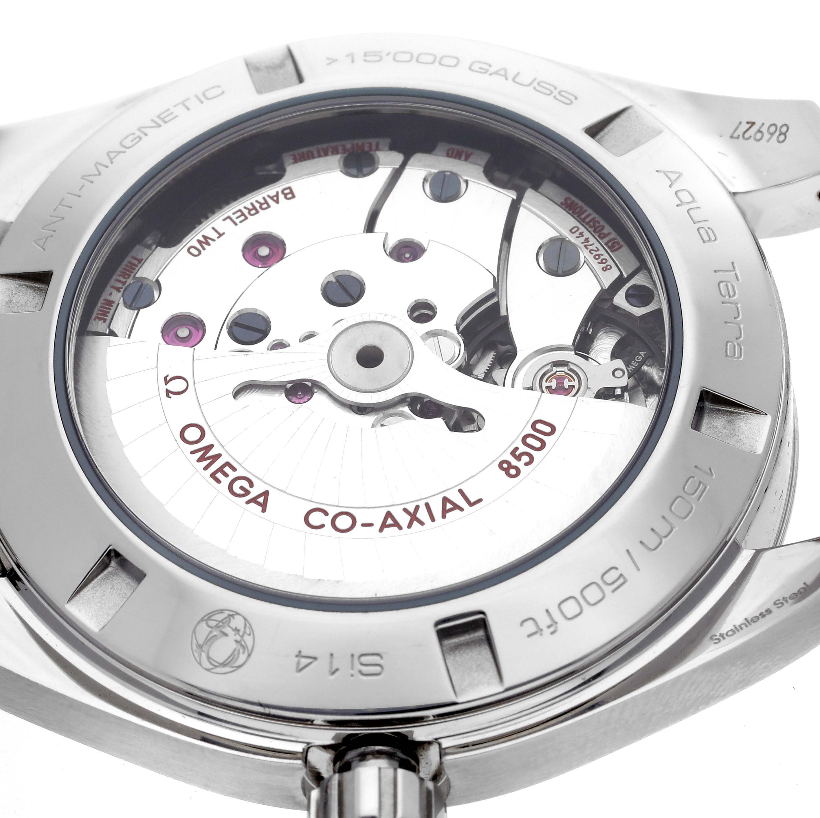 This image shows a close-up of the Omega Aqua Terra 231.10.42.21.03.003 Men
s Stainless Steel Blue Dial 231.10.42.21.03.003 Men
s Stainless Steel Blue Dial watch
s back, revealing its Co-Axial 8500 movement and anti-magnetic features.