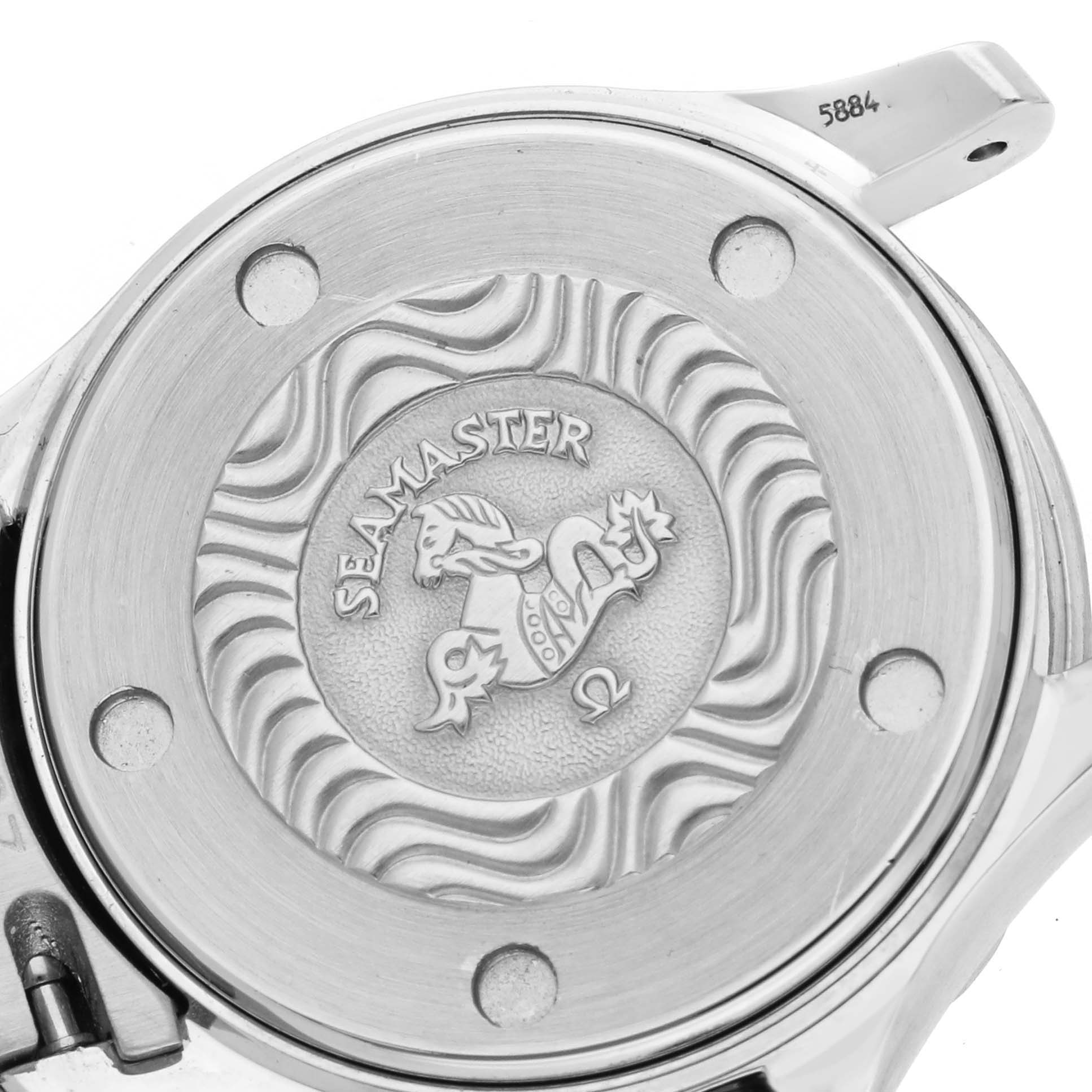 The image shows the back case of the Omega 2583.80.00 Women
s Stainless Steel Blue Dial Seamaster Diver 300M model, featuring engraved detailing and branding.