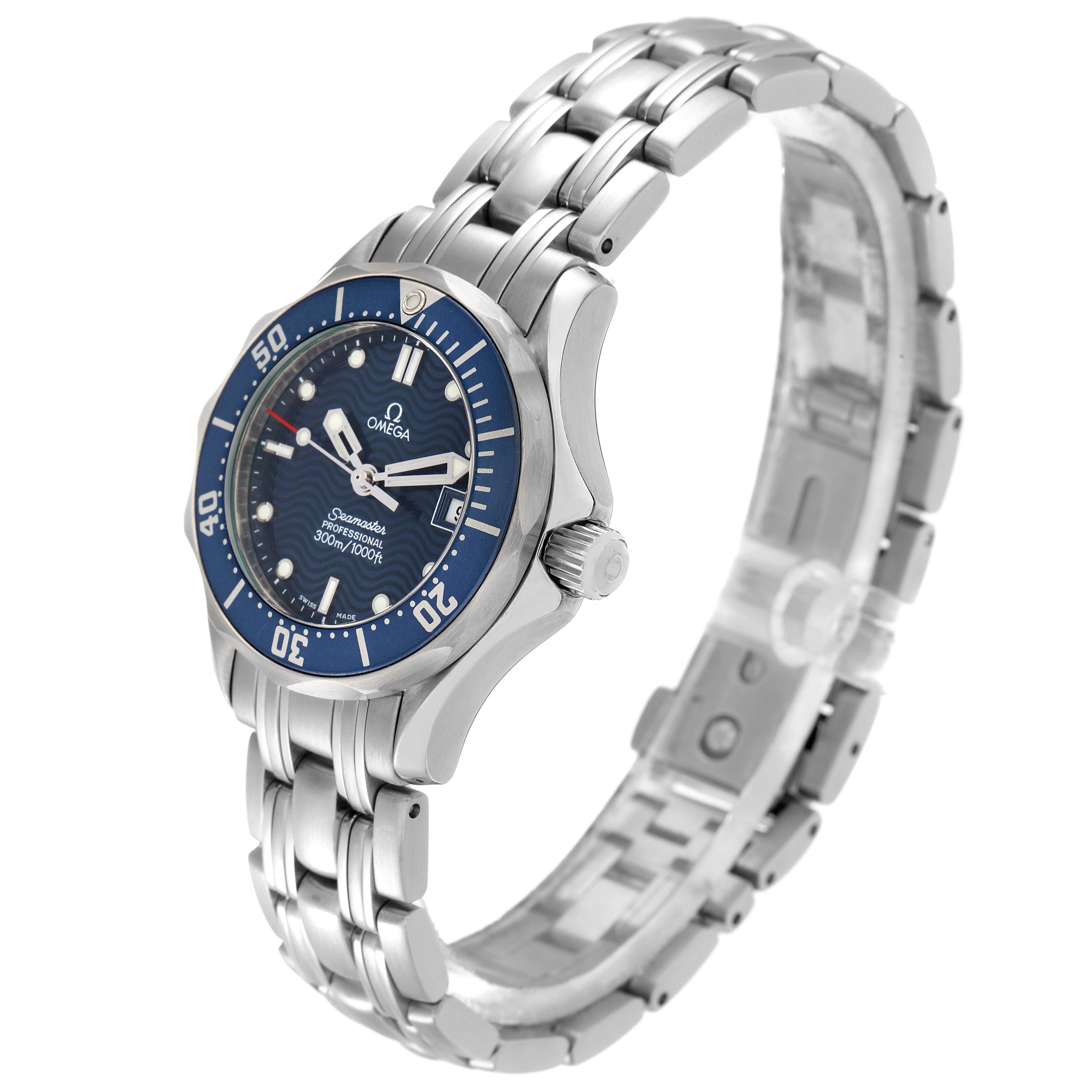 The Omega 2583.80.00 Women
s Stainless Steel Blue Dial Seamaster Diver 300M 28mm is shown at a side angle, highlighting the blue dial, bezel, crown, and stainless steel bracelet.