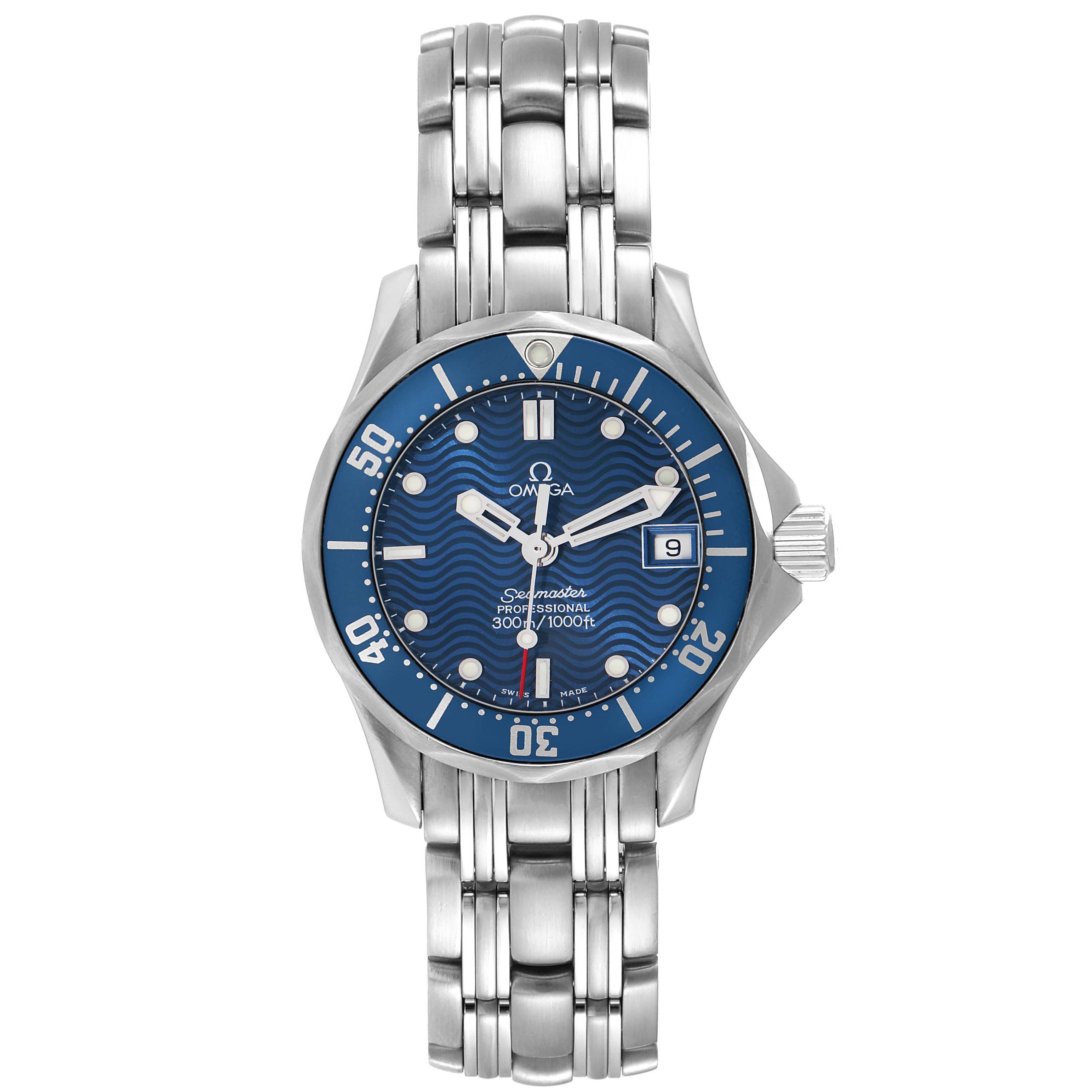 The Omega 2583.80.00 Women
s Stainless Steel Blue Dial Seamaster Diver 300M 28mm Blue Dial Steel Ladies Watch 2583.80.00 is shown from a front view, displaying the dial, bezel, bracelet, and crown.