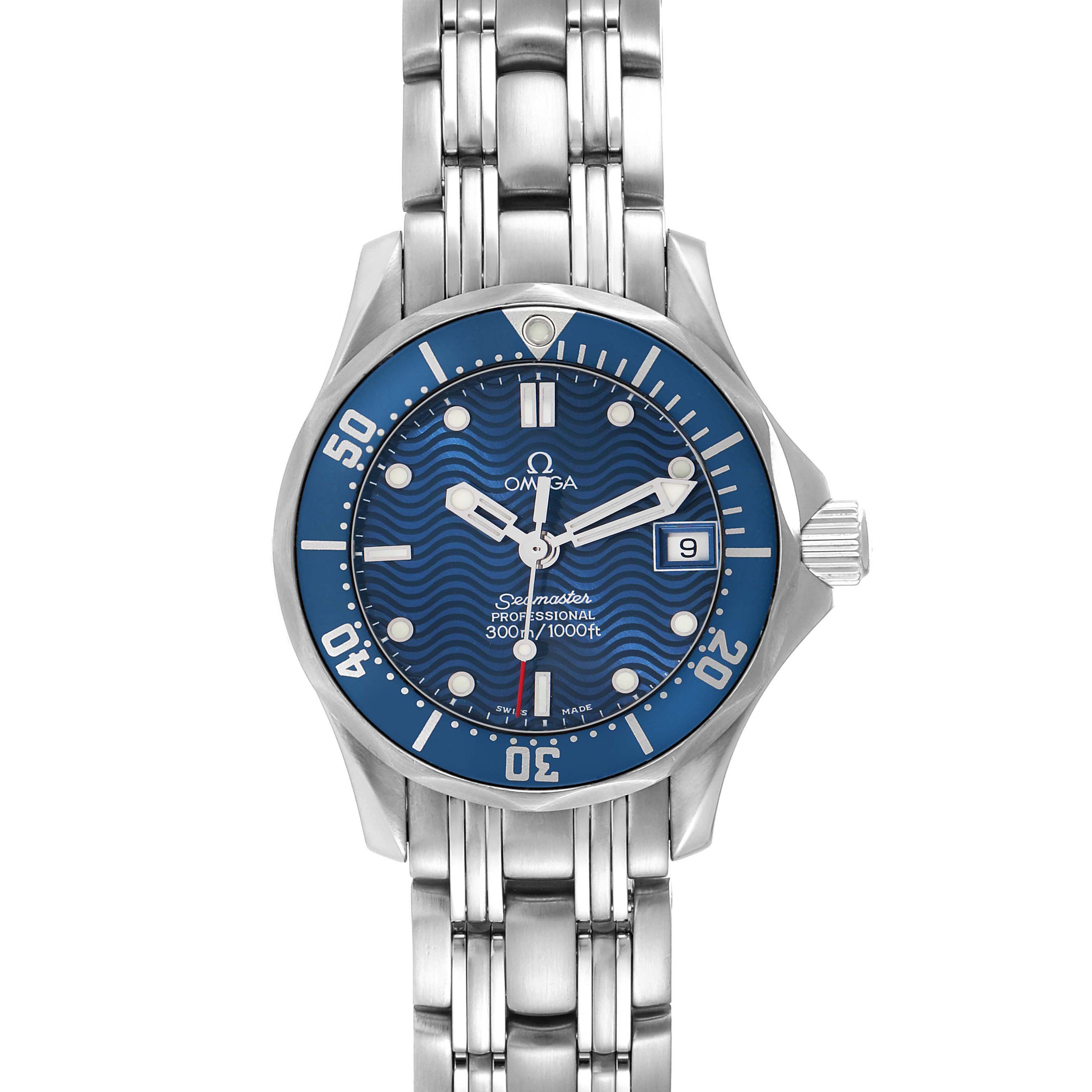 The Omega 2583.80.00 Women
s Stainless Steel Blue Dial Seamaster Diver 300M 28mm is shown from the front, displaying the blue dial, bezel, bracelet, and date window.