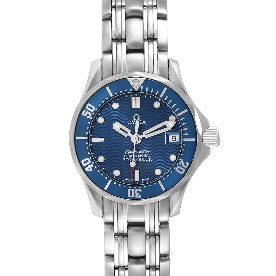 The Omega 2583.80.00 Women's Stainless Steel Blue Dial Seamaster Diver 300M 28mm is shown from the front, displaying the blue dial, bezel, bracelet, and date window.