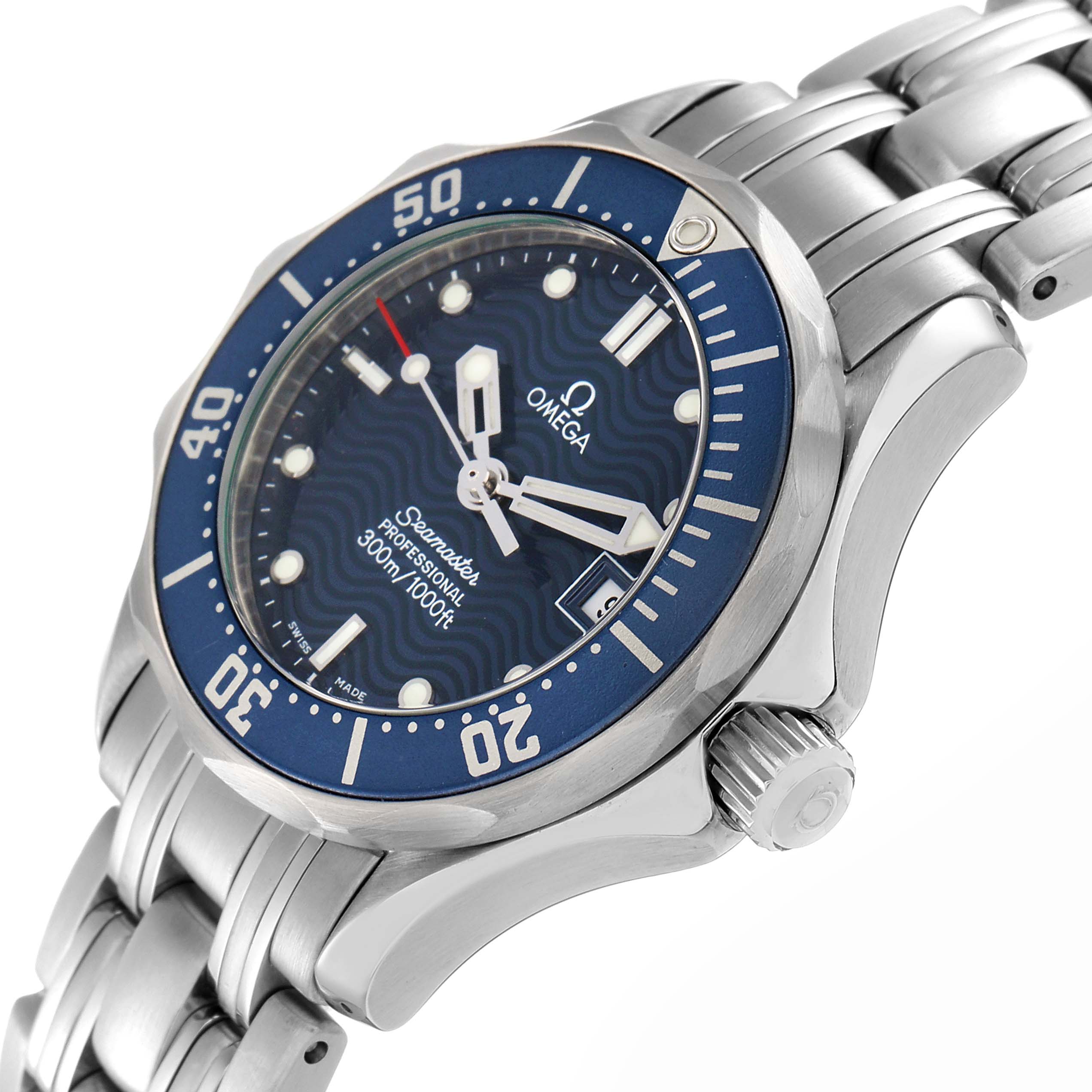 The Omega 2583.80.00 Women
s Stainless Steel Blue Dial Seamaster Diver 300M watch is shown at a slight angled side view, highlighting its blue dial, bezel, and stainless steel bracelet.