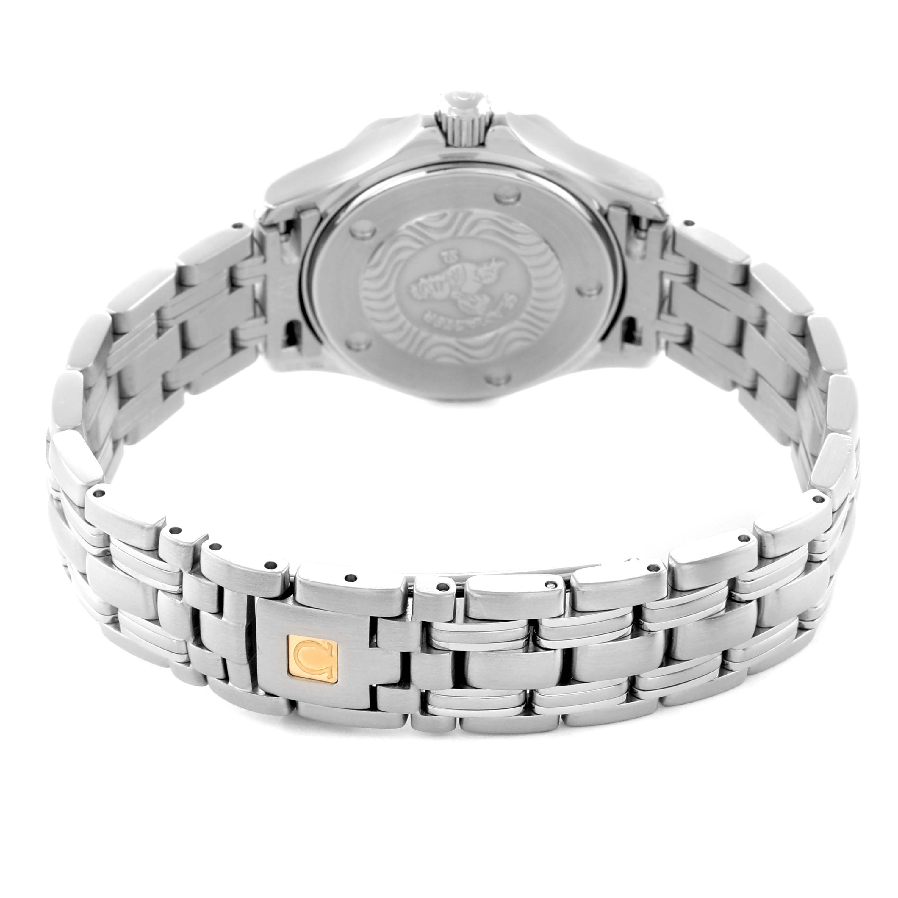 The Omega 2583.80.00 Women
s Stainless Steel Blue Dial Seamaster Diver 300M 28mm is shown from the back, highlighting the case back and stainless steel bracelet.