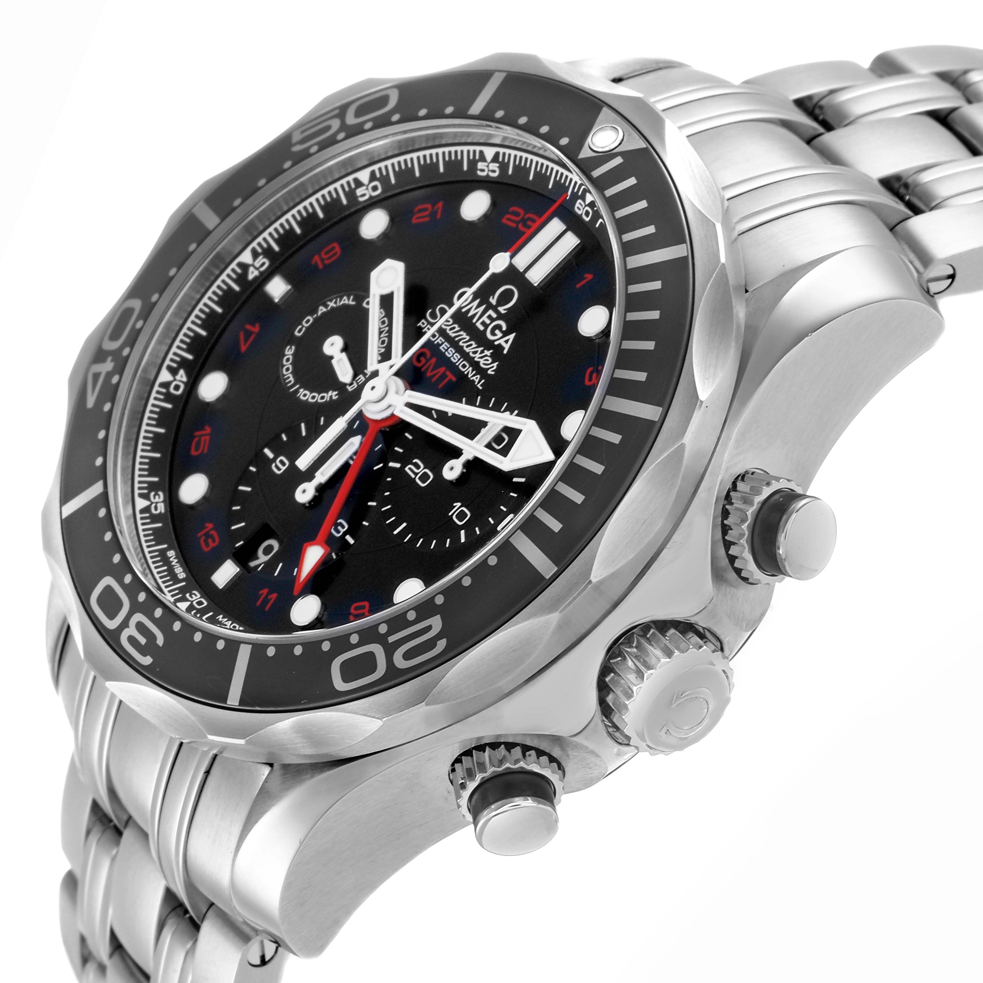 The Omega Seamaster 212.30.44.52.01.001 Men's Stainless Steel Black Dial watch is shown at an angled view highlighting the bezel, crown, pushers, bracelet, and dial.