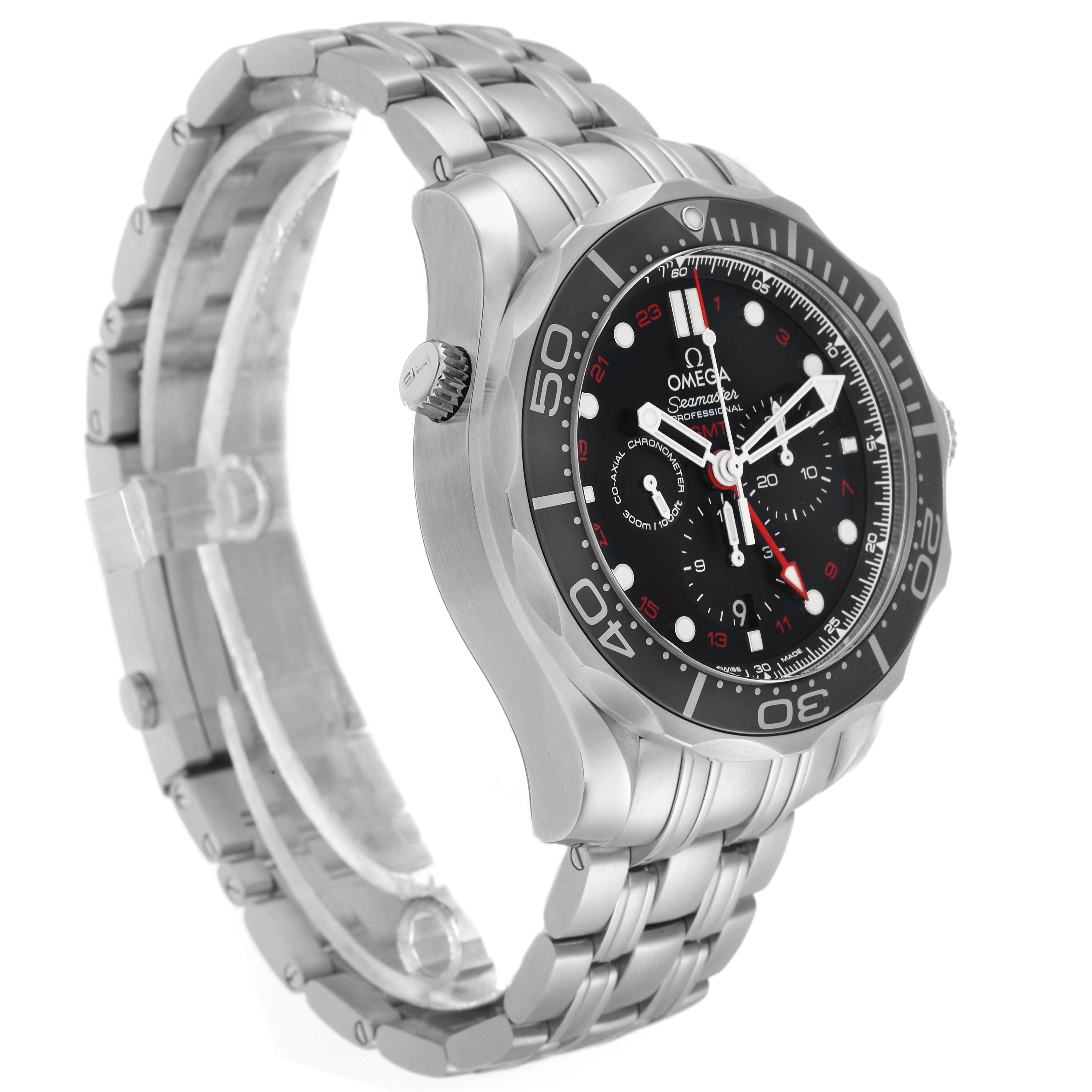 The Omega Seamaster 212.30.44.52.01.001 Men's Stainless Steel Black Dial watch is shown at an angled side view, highlighting the dial, bezel, and metal bracelet.