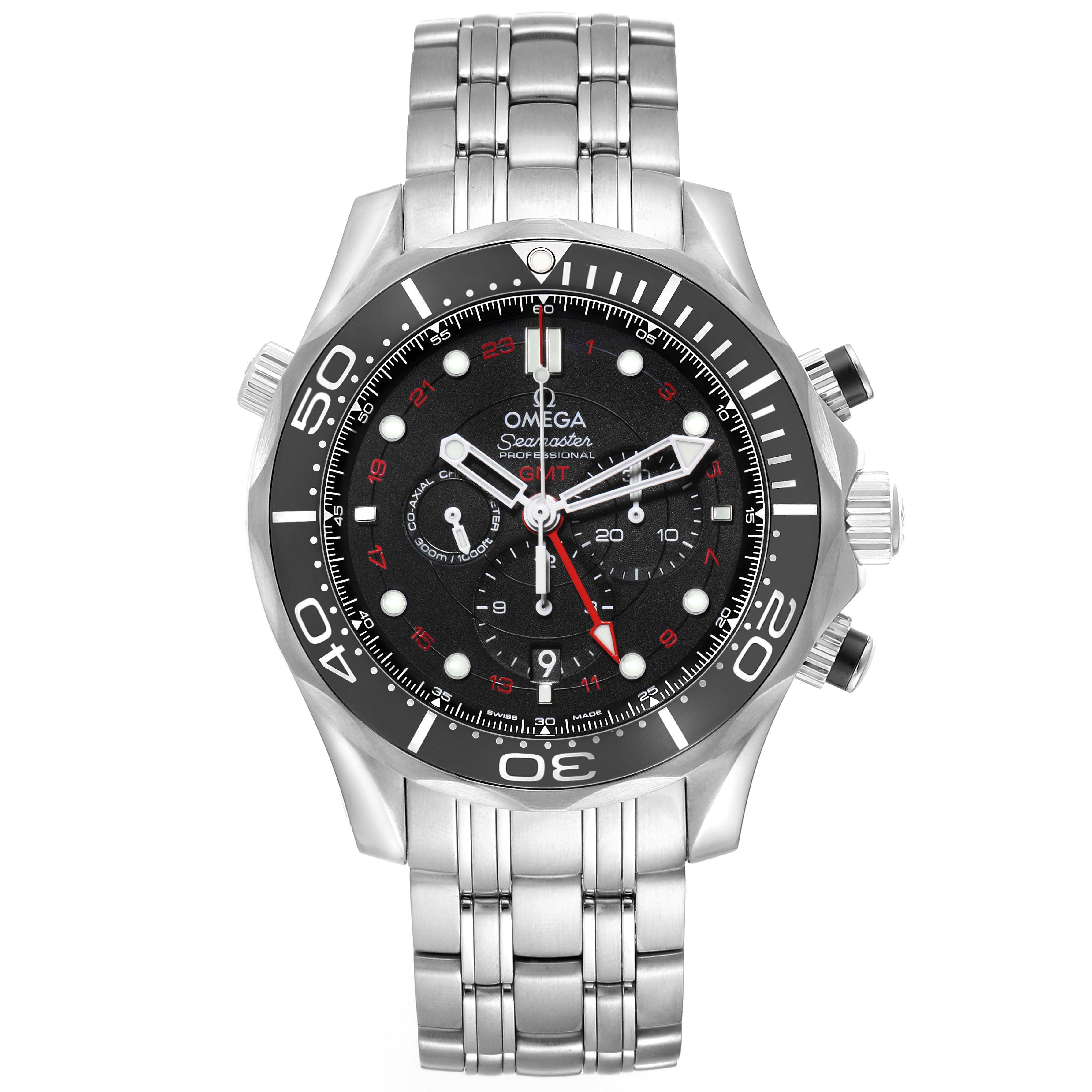 The Omega Seamaster 212.30.44.52.01.001 Men's Stainless Steel Black Dial watch is shown from the front, displaying its dial, bezel, crown, and stainless steel bracelet.